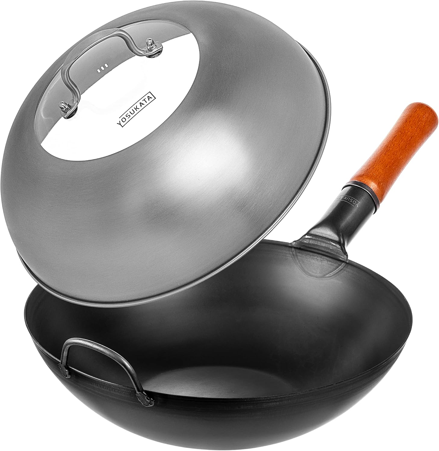 YOSUKATA Carbon Steel Wok Pan – 13,5 “ Woks and Stir Fry Pans + Wok Lid 12.8 Inch – Premium Stainless Wok Cover with Tempered Glass Insert Steam Holes and Ergonomic Handle