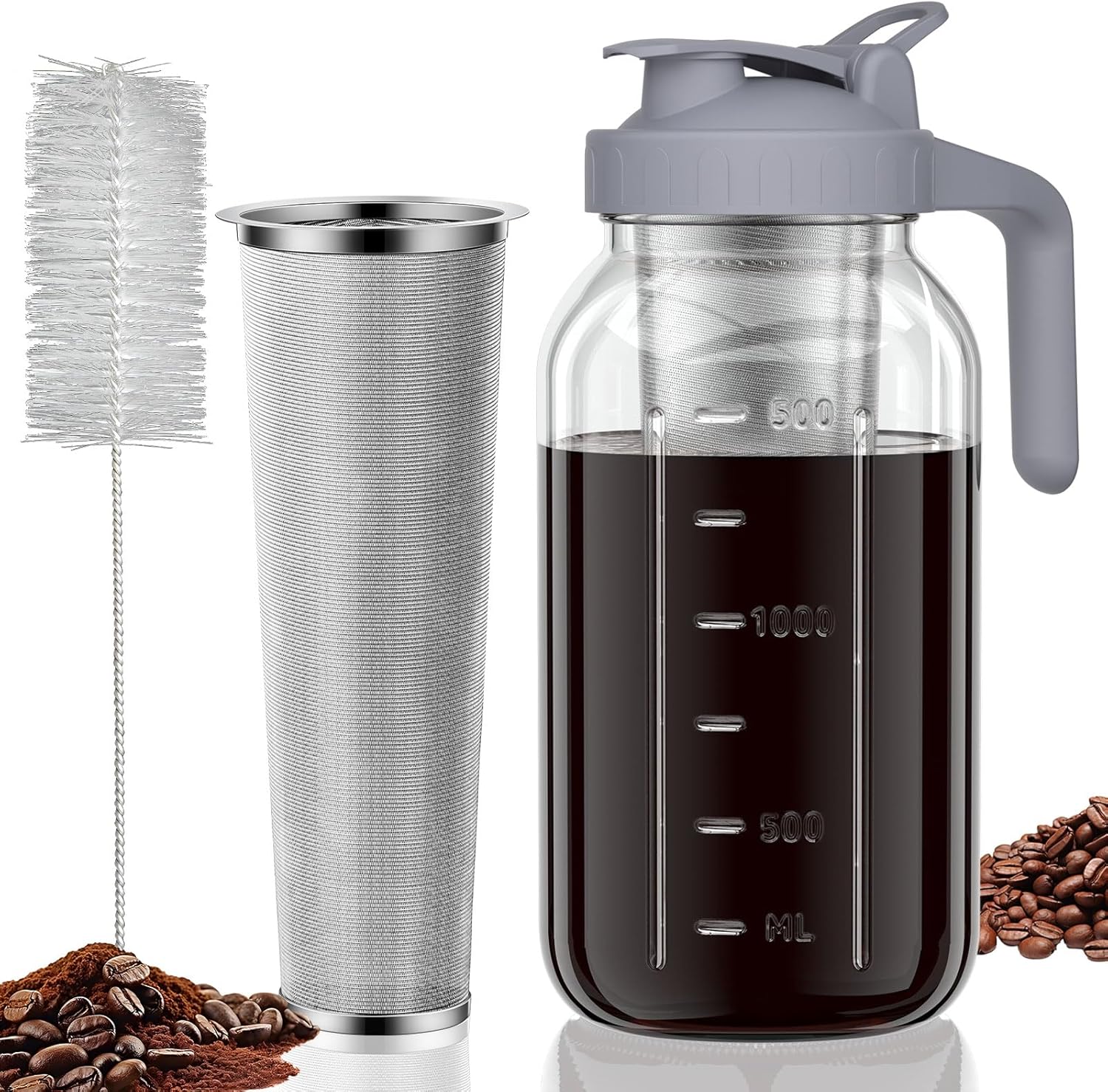 JunVpic Cold Brew Coffee Maker Jar – 64oz Wide Mouth,LeakProof,Heavy Duty Glass Mason Pitcher with Spout Lid,Handle & Stainless Steel Filter for Iced Coffee,Lemonade,Ice Tea & Fruit Drinks