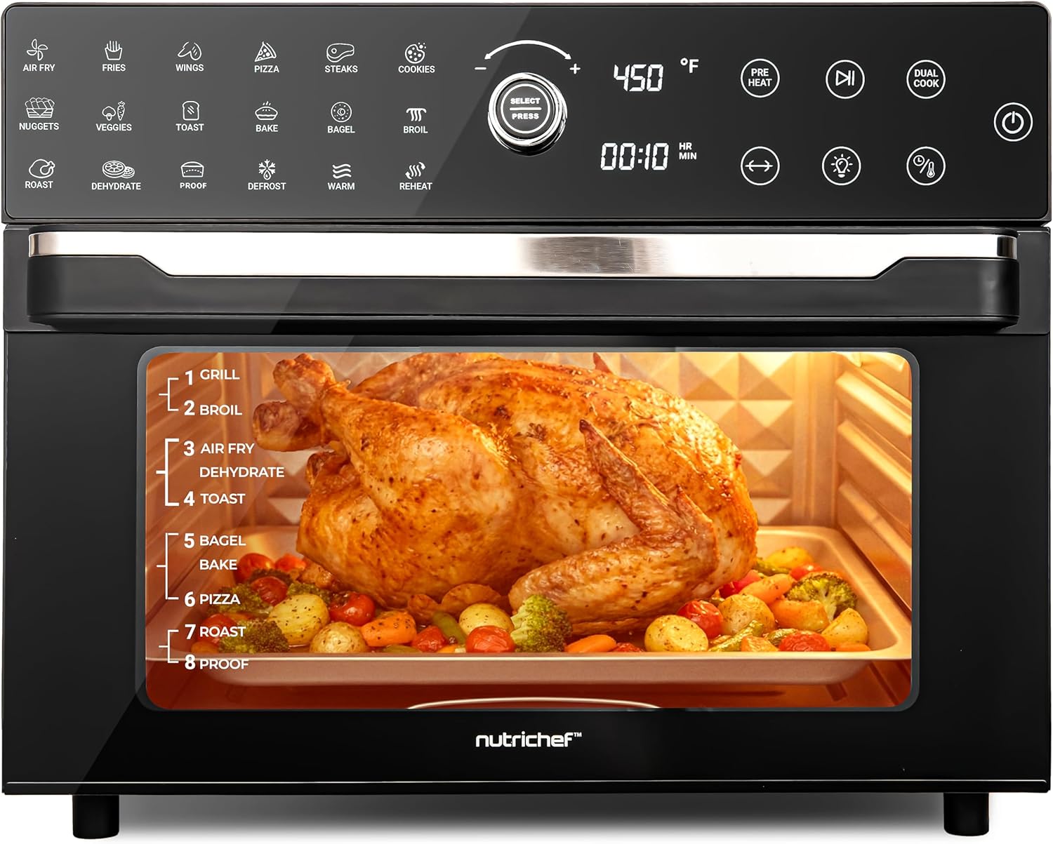 NutriChef 32 Quart Air Fryer & Oven | Digital Airfryer with 20 Presets, Dual Cook, Rotisserie, Bake & More | Multi-Function Convection Countertop Oven | Large Capacity | 18″ x 17″ x 14 | Black