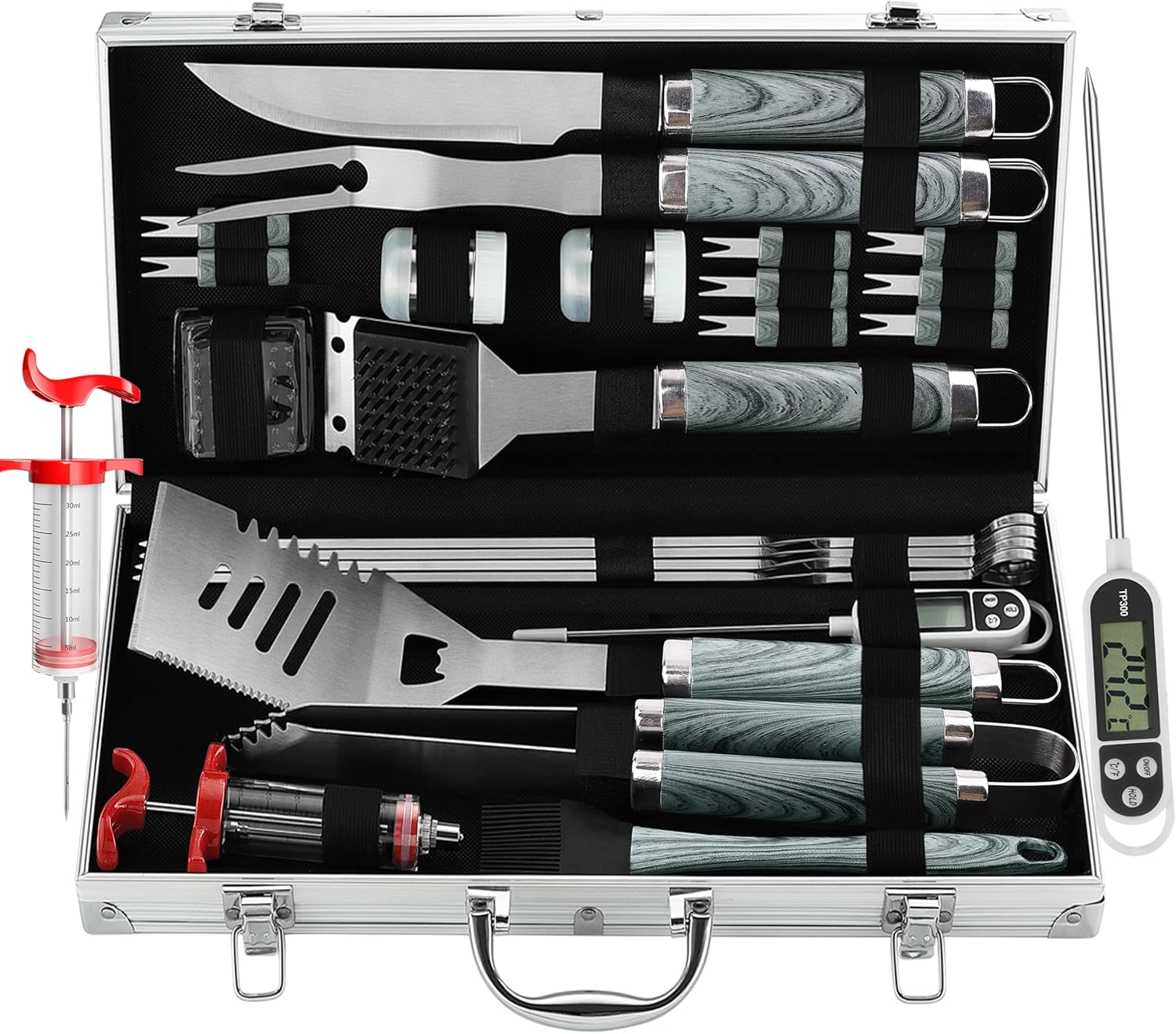 grilljoy 24PCS BBQ Grill Tools Set with Meat Thermometer and Injector – Extra Thick Stainless Steel Fork, Spatula& Tongs – Complete BBQ Accessories in – Perfect Grill Gifts for Father’s Day