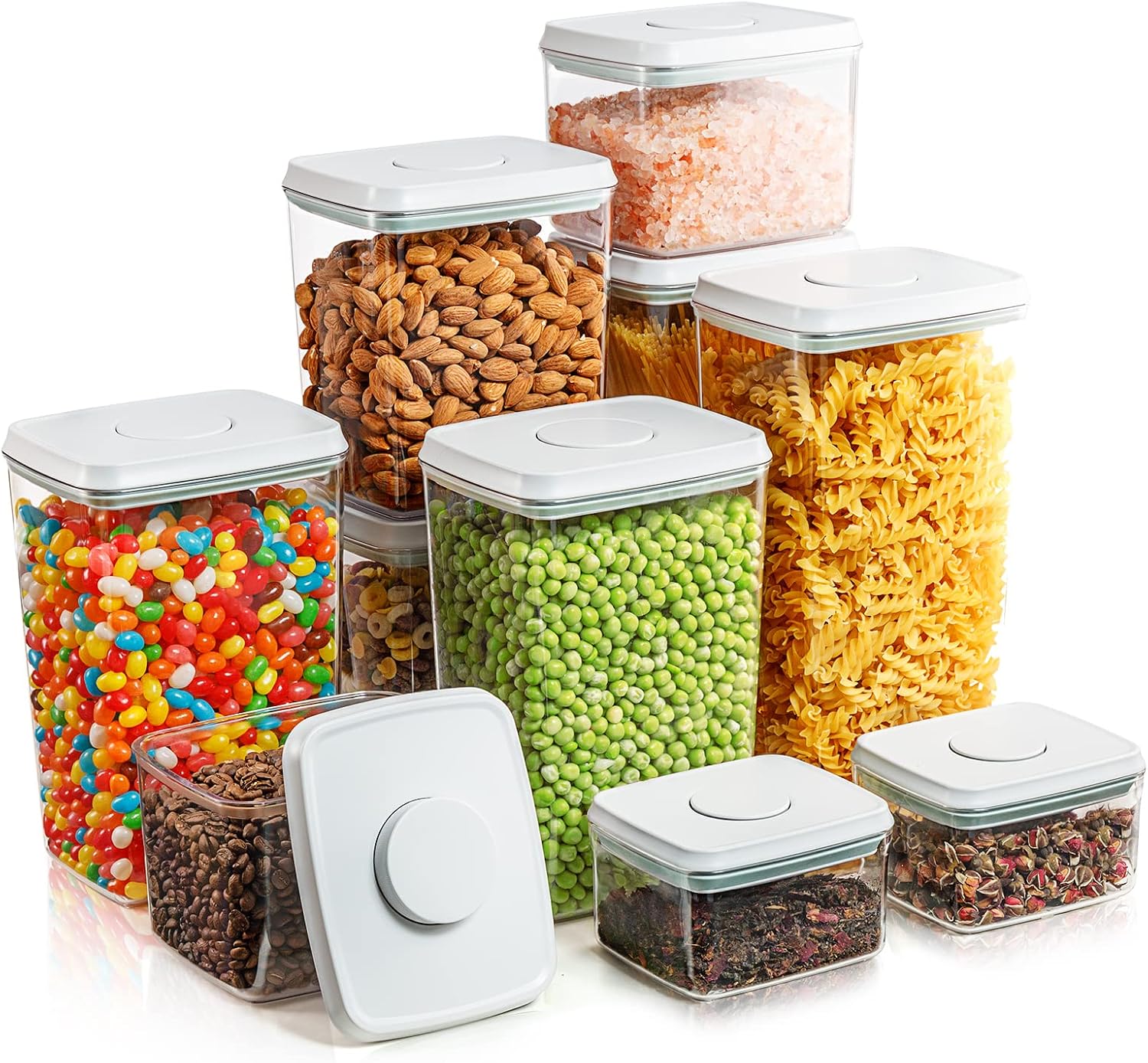 Airtight Food Storage Containers with Lids 10 PCS Pop Containers for Kitchen Pantry Organization BPA-Free Stackable Clear Pantry Storage Set with Measuring Scales for Cereal Flour Sugar Pasta Snacks