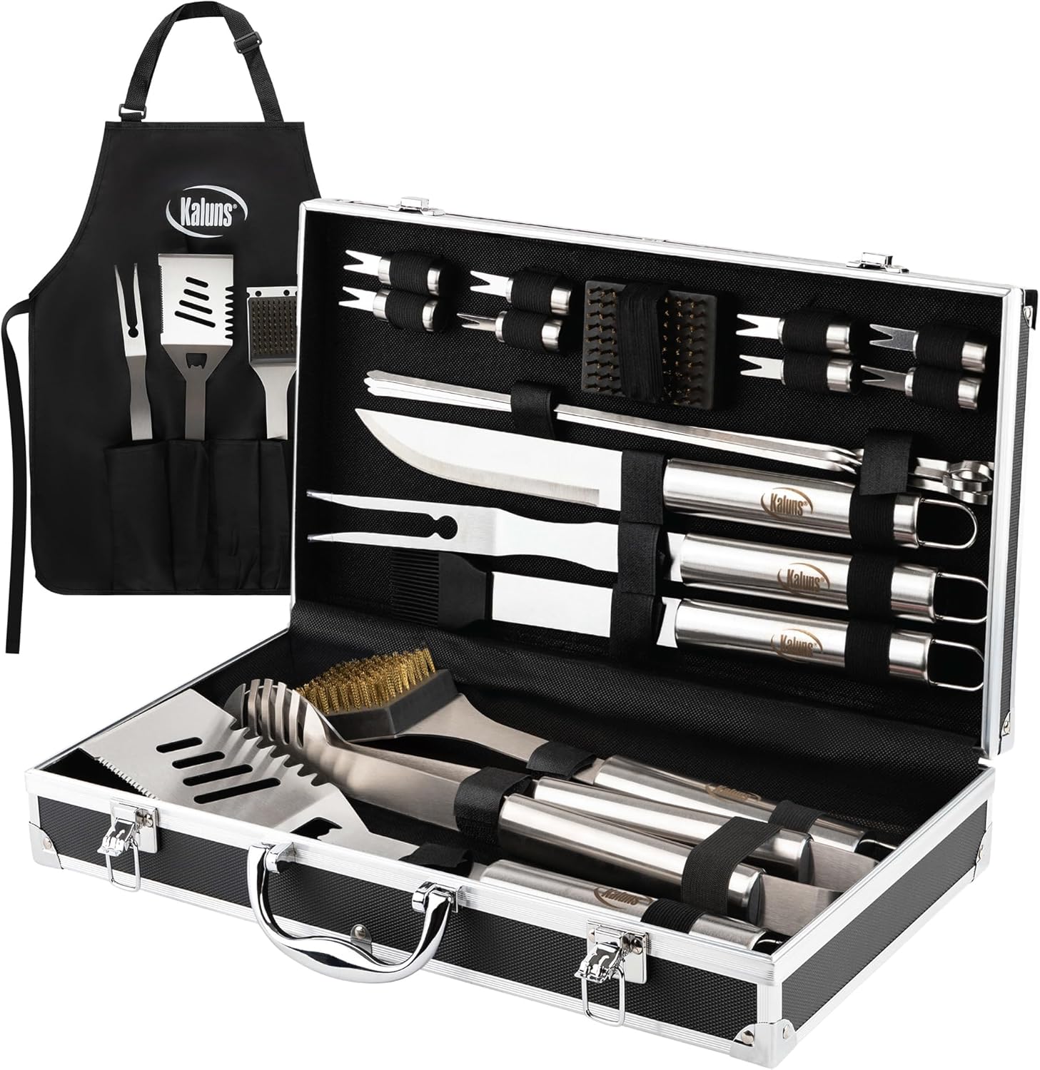 Kaluns Grilling Accessories, Dad Gifts for Fathers Day, Grilling Gifts, Heavy Duty Stainless Steel BBQ Tool Set for Outdoor Grill with Aluminum Case and Apron, Birthday Gifts for Men Women