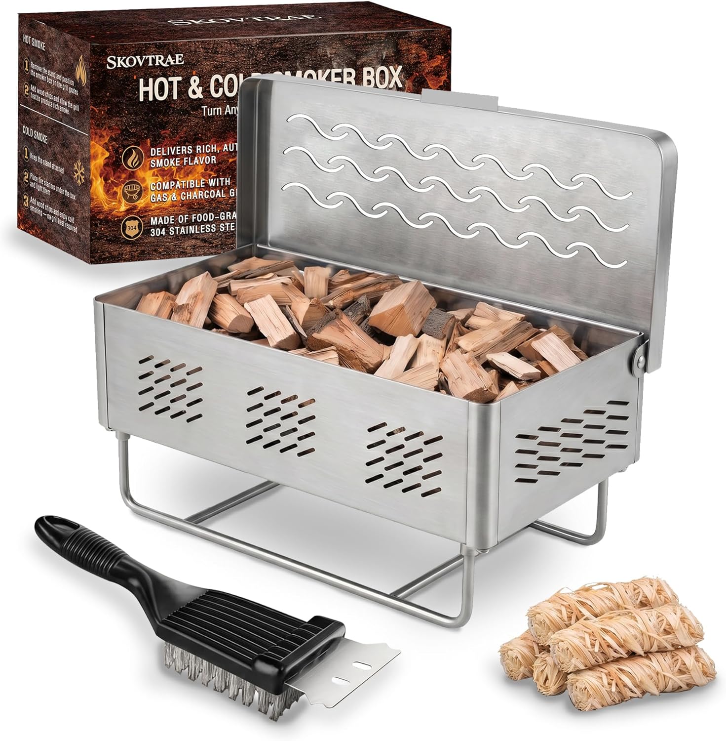 Hot & Cold Smoker Box, 304 Stainless Steel BBQ Grill Smoke Box for Gas or Charcoal Grill with Hinged Lid, Infuse Smoky Barbecue Flavor into Meats, Grilling Gift for Men