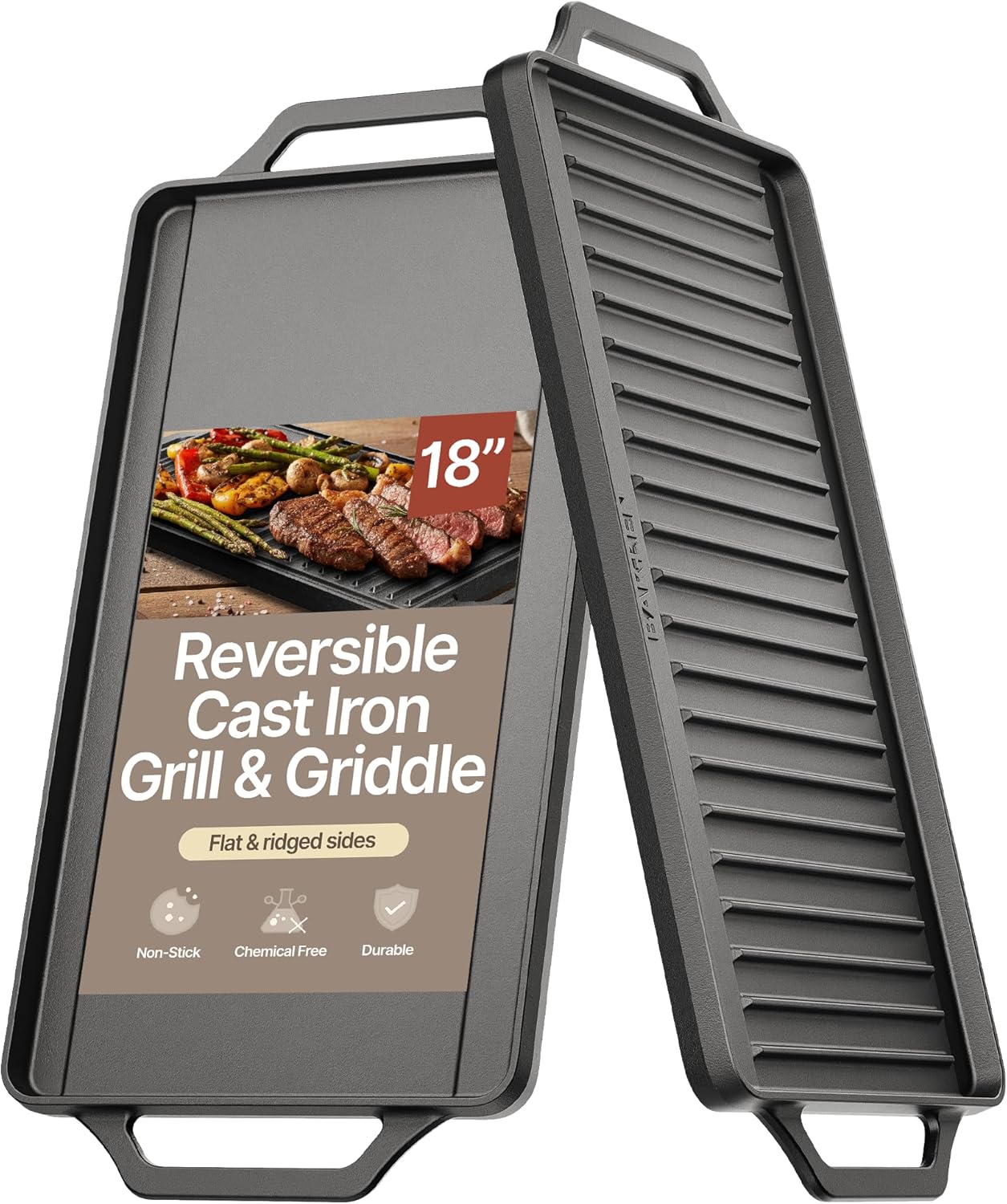 Bakken 18” Reversible Cast Iron Griddle, Flat & Grill Side, Dual Burner Cooking Plate for Pancakes, Meats & Veggies, Pre-Seasoned, Nonstick, Oven & Campfire Safe, Heavy-Duty Griddle Top with Mitt