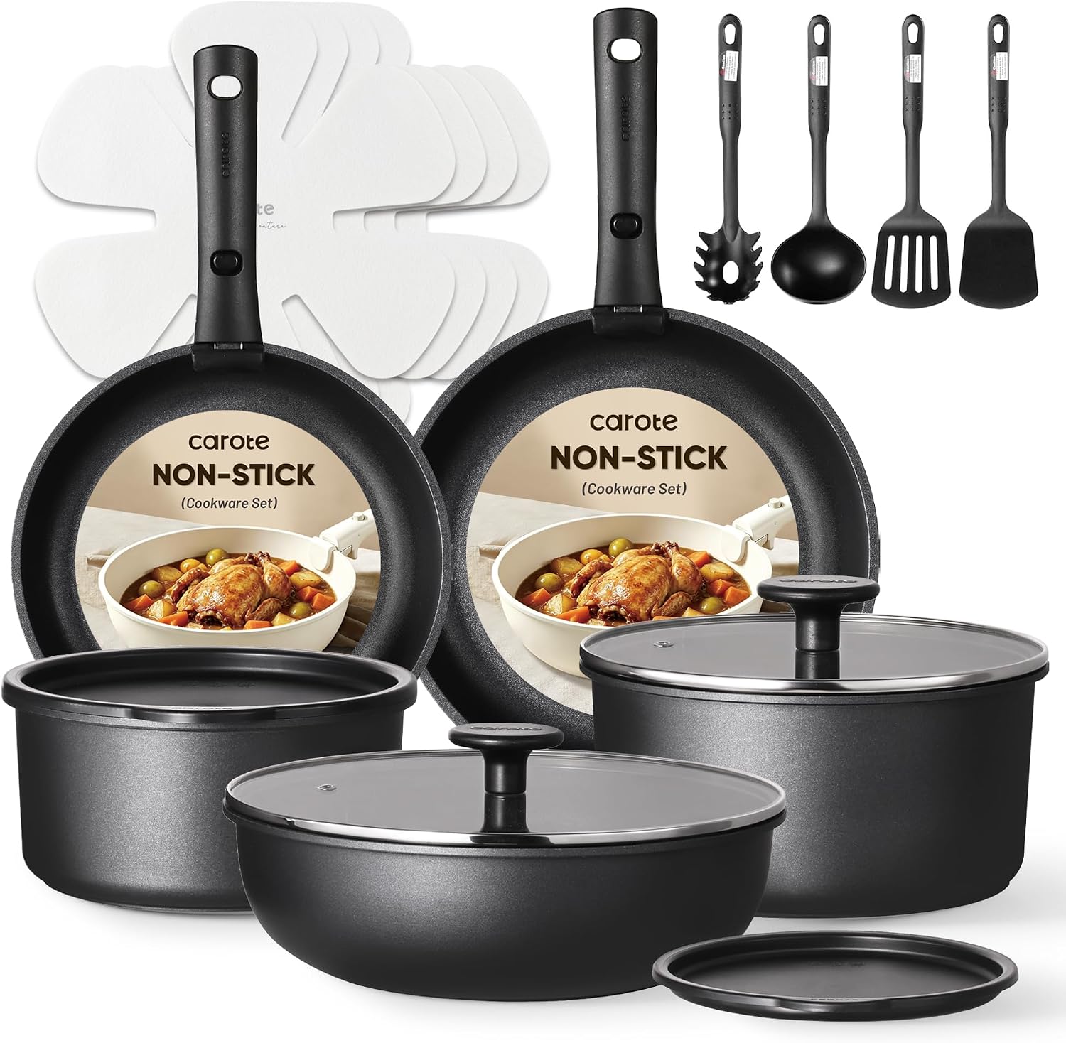 CAROTE 19Pcs Pots and Pans Set Non Stick, Cookware Set Detachable Handle, Nonstick Induction Kitchen Sets Non Stick with Removable Handle, RV Cook Ware, Oven Safe, Black