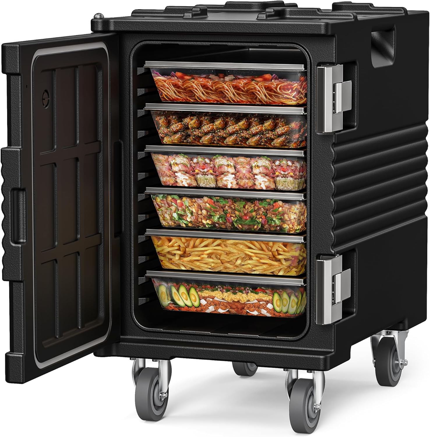 CAMMOO 95QT Non-Electrical Catering Food Warmers with Swivel Casters, 304 Stainless Steel Latch, Insulated Food Carrier for 6 Full-Size Pans(NOT INCLUDED), Food Warmer Hot Boxes for Catering BBQ Event