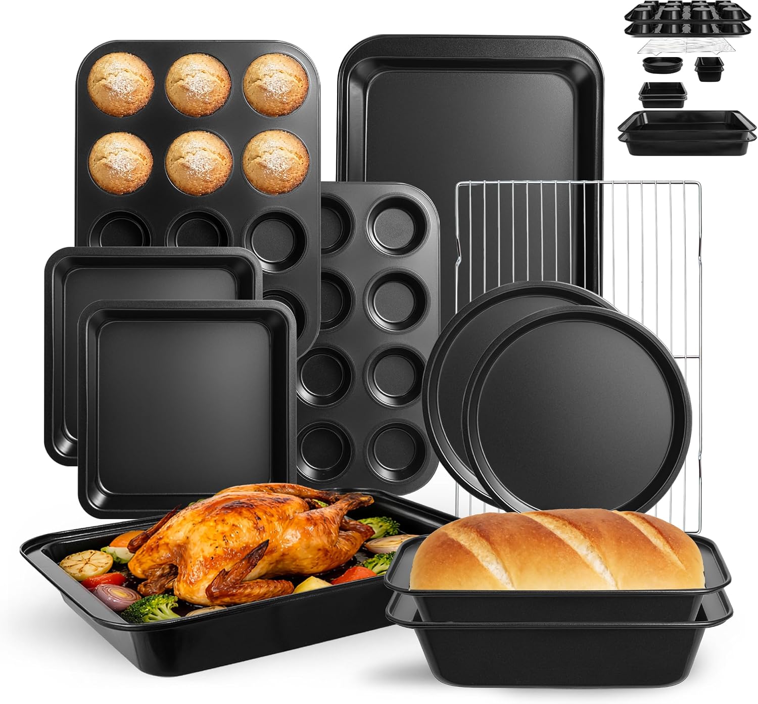 11-Piece Nonstick Baking Pans Set – Professional Grade Carbon Steel Bakeware with Premium Coating- Dishwasher Safe, Stackable, Oven Safe to 450°F (Black)