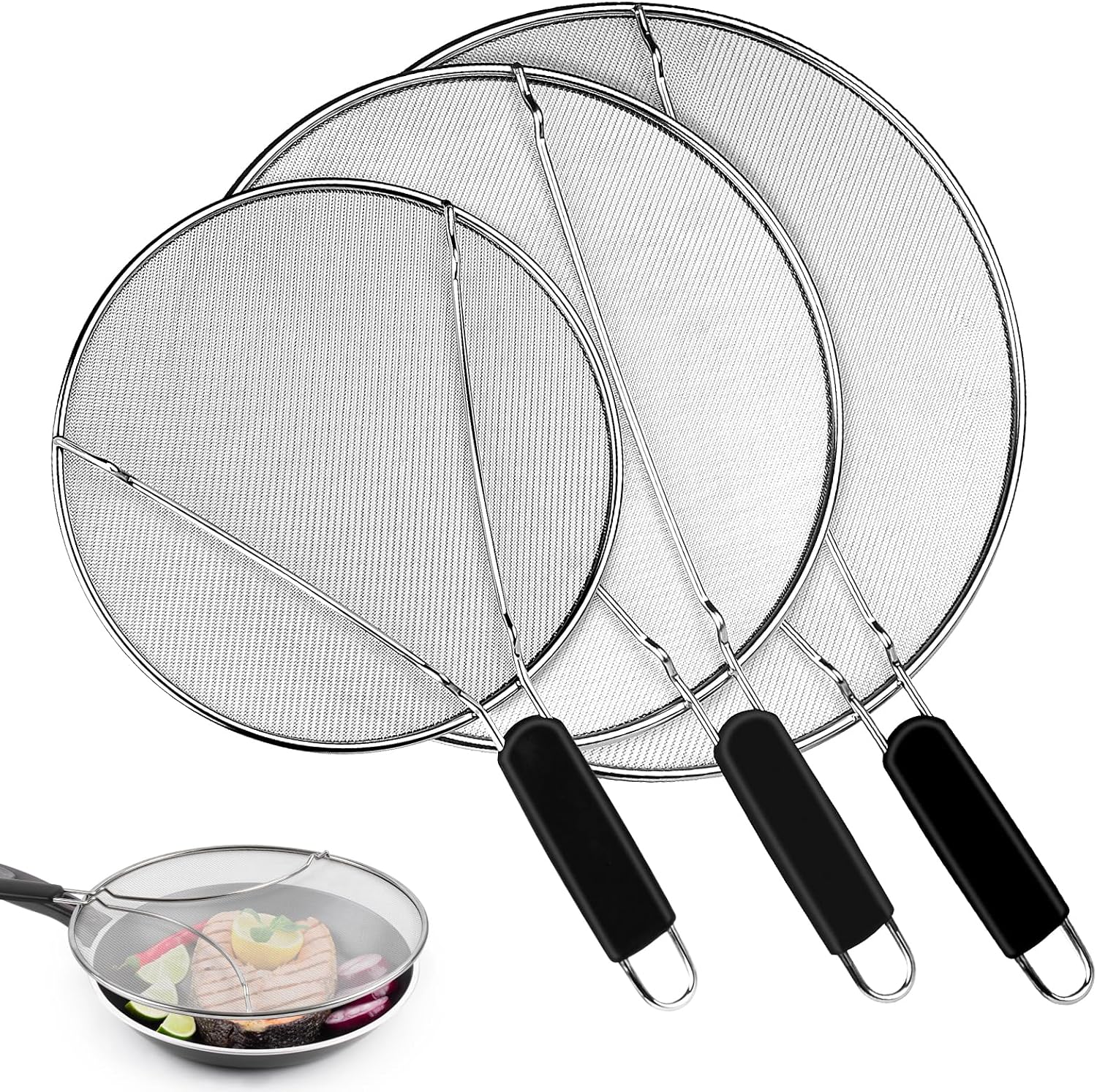 Splatter Screen for Frying Pan – 9.8″ 11.4″ 13″ Stainless Steel Fine Mesh Grease Splatter Guard with Silicone Handle, Hot Oil Splash Guard for Cooking to Prevent Oil Splatter, Safe Cooking
