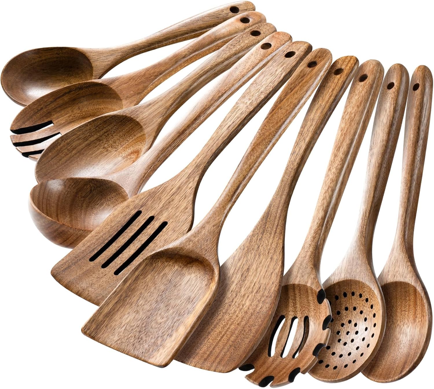 HSM Wooden Spoons for Cooking – 10-Piece Wooden Utensil Set, Non-Stick Safe, Easy-to-Clean Natural Acacia Wood Kitchen Utensils, Ideal for Cooking, Stirring, and Serving at Home