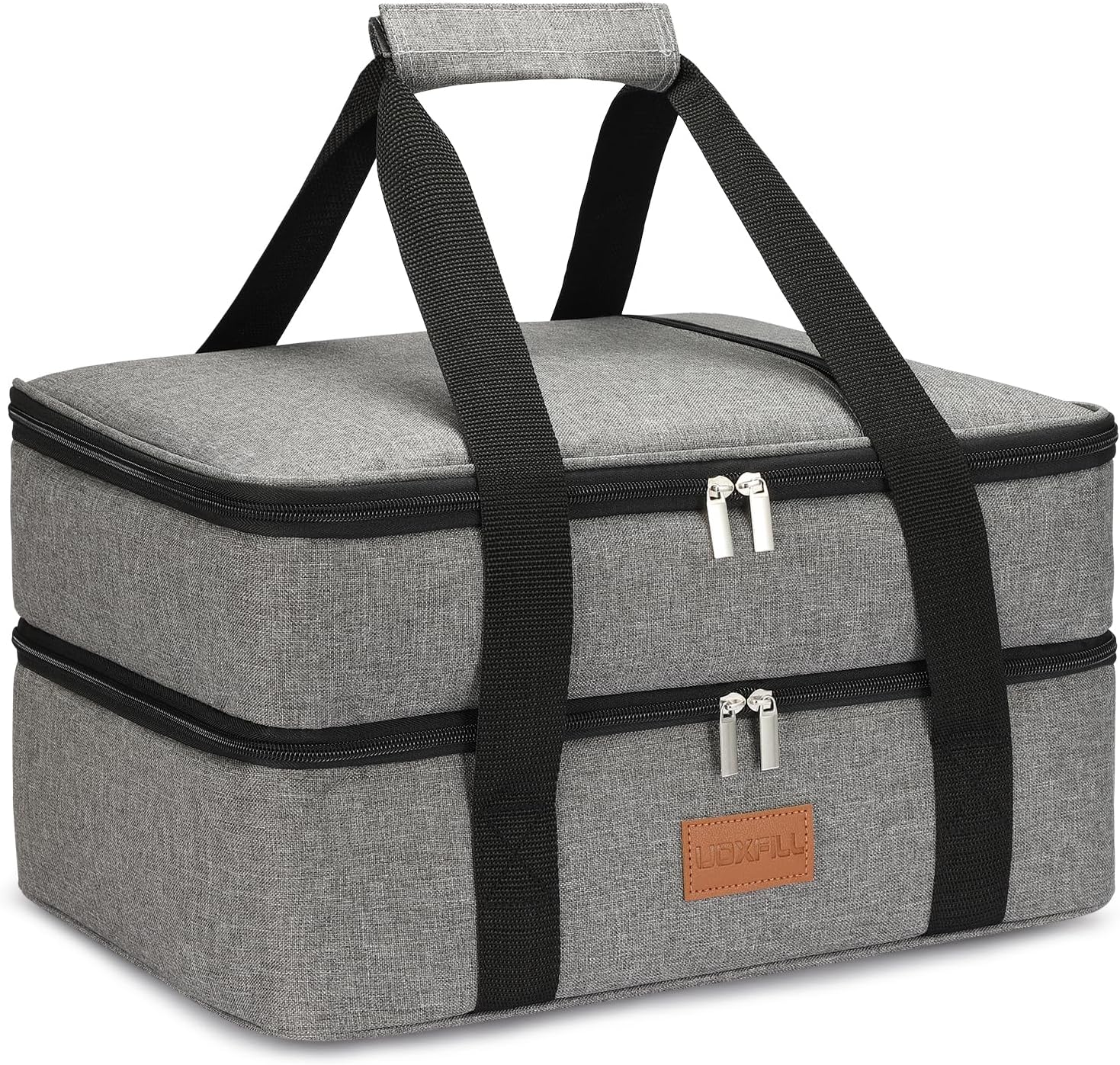 Lunch Bag Insulated Thermal Food Carrier Insulated Double Decker Casserole Carrier for Hot or Cold Food,Insulated Tote Bag for Potluck Cookouts Picnic,Lasagna Holder,Fits 9″x13″ Baking Pan,Gray