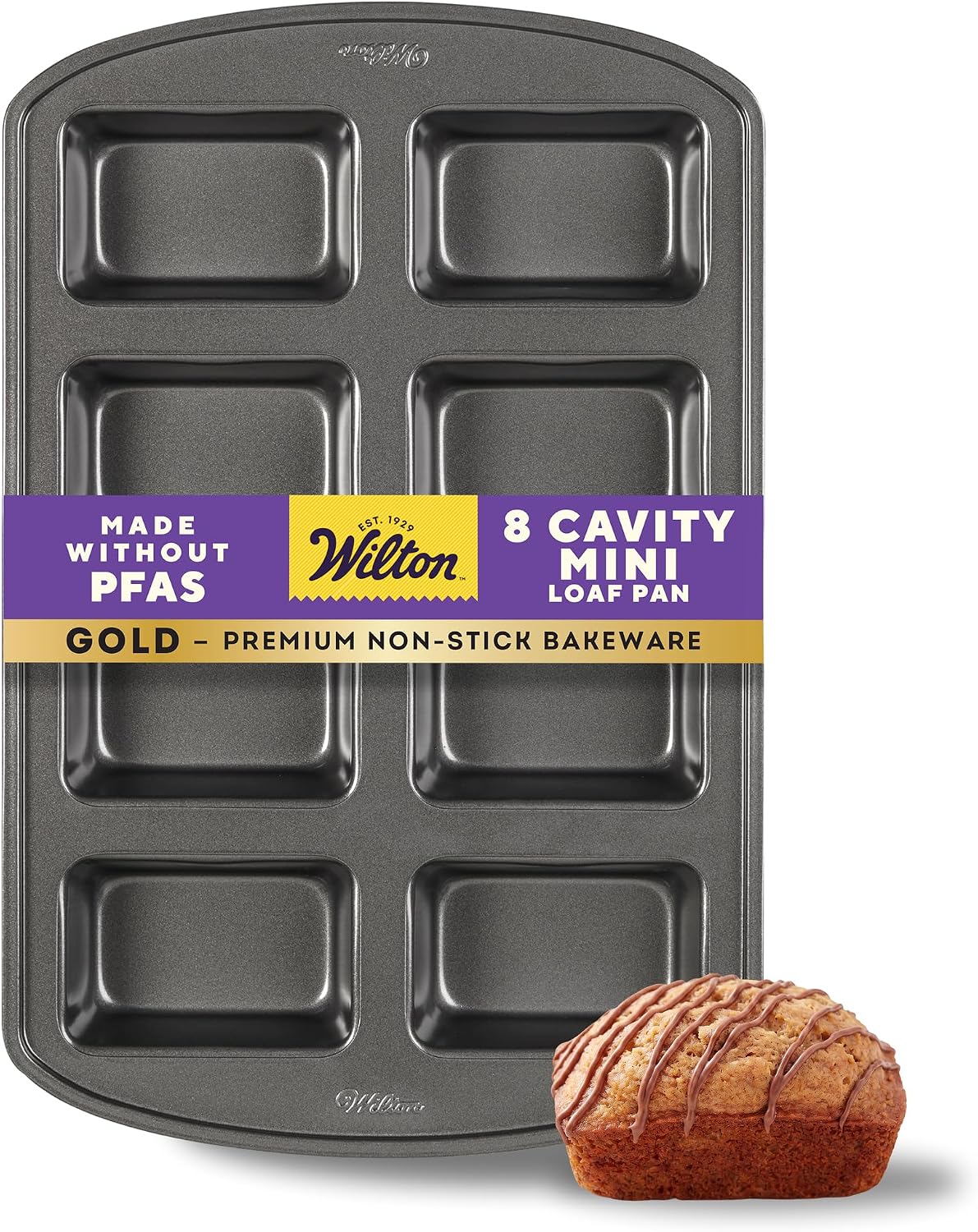 Wilton Gold Non-Stick Bakeware Mini Loaf – Baking Pan for Mini Banana Breads, Cakes & More – Made Without PFAS – Offers Even Heat Distribution & Hassle-Free Cleaning – 15 x 10 x 1.6 Inch, 8 Cavity