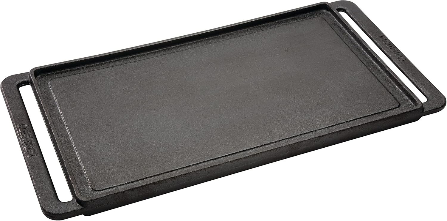 Cuisinart Reversible Cast Iron Grill/Griddle Plate, 15.75” x 9” Pre-Seasoned Cooking Surface with Flat and Ribbed Sides, Stovetop Griddle for Electric Ranges, Use on Stove, Campfire, or Gas Grill