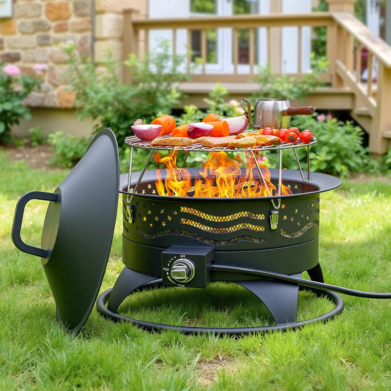 Panovue 24 Inch Portable Propane Fire Pit with Grill, 60000 BTU Outdoor Gas Firepit with Lava Rocks & Adjustable Flame, Smokeless Gas Firebowl for Backyard, Camping & Gatherings