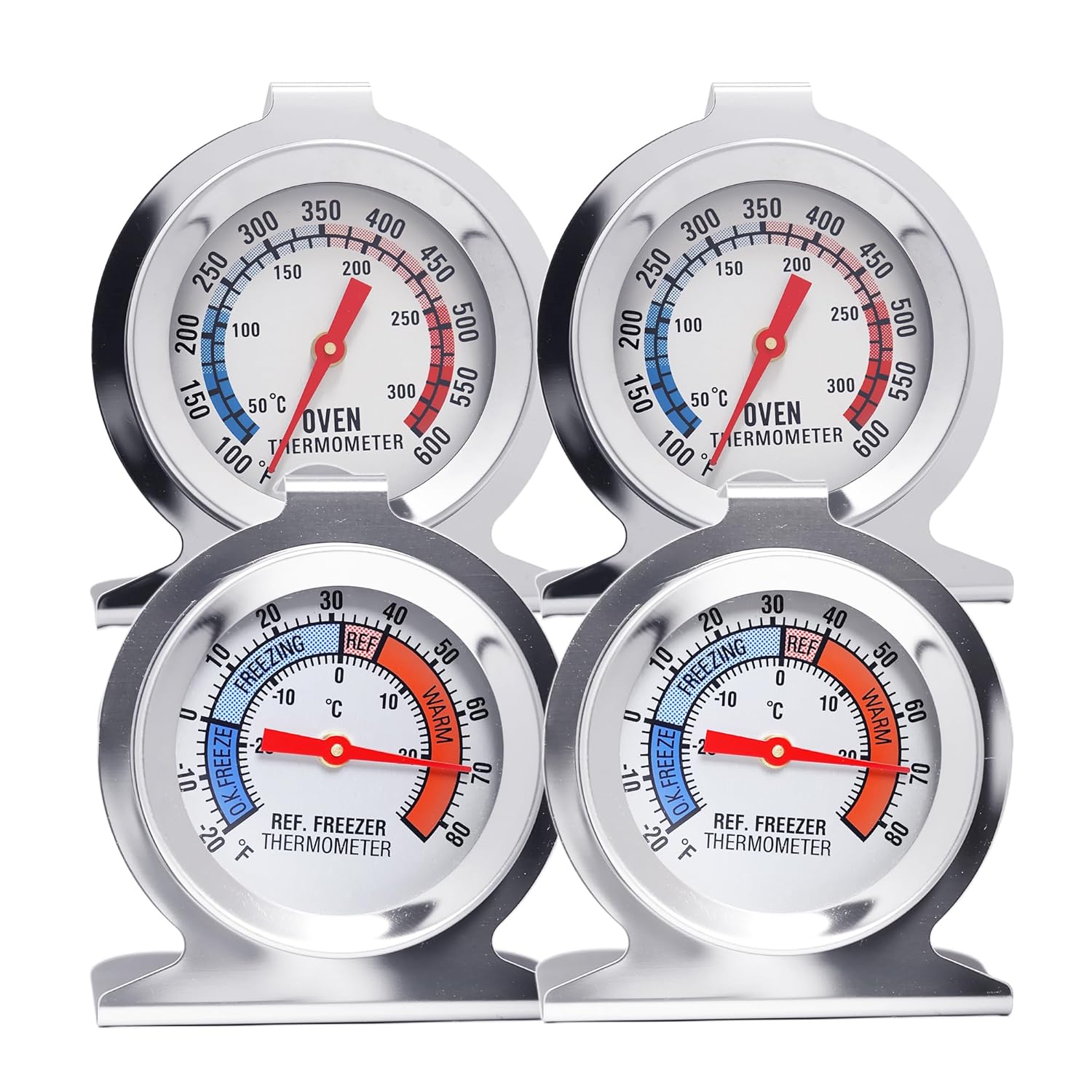 Oven Thermometers and Refrigerator Thermometer Set, Large Dial, Hook & Stand Design, Stainless Steel Oven Thermometer for Baking, Grilling, Air Fryers, Refrigerator Thermometer for Freezer Cooler