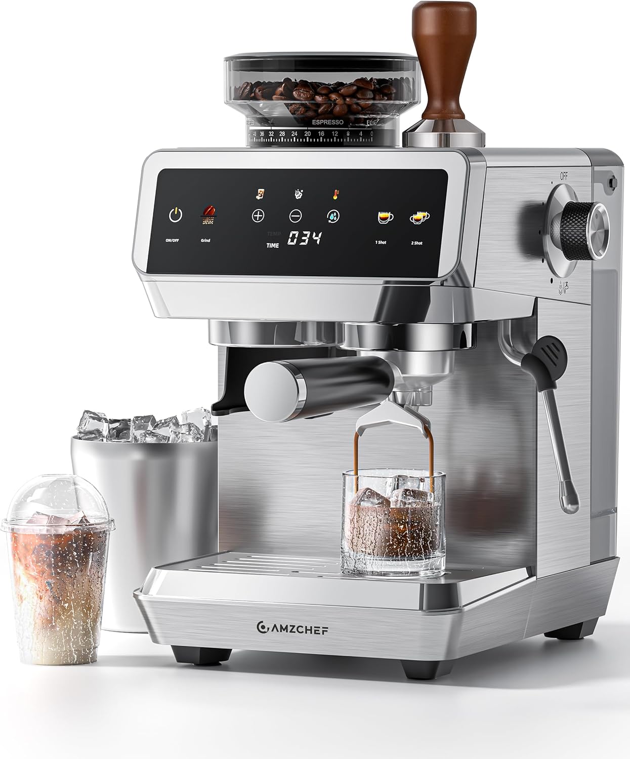 AMZCHEF Espresso Machine With Grinder, 190℉-201℉ Temp Control Coffee machine with 44 Grind Setting, Milk Frother, Touch Screen, Cold Brew, Sliver