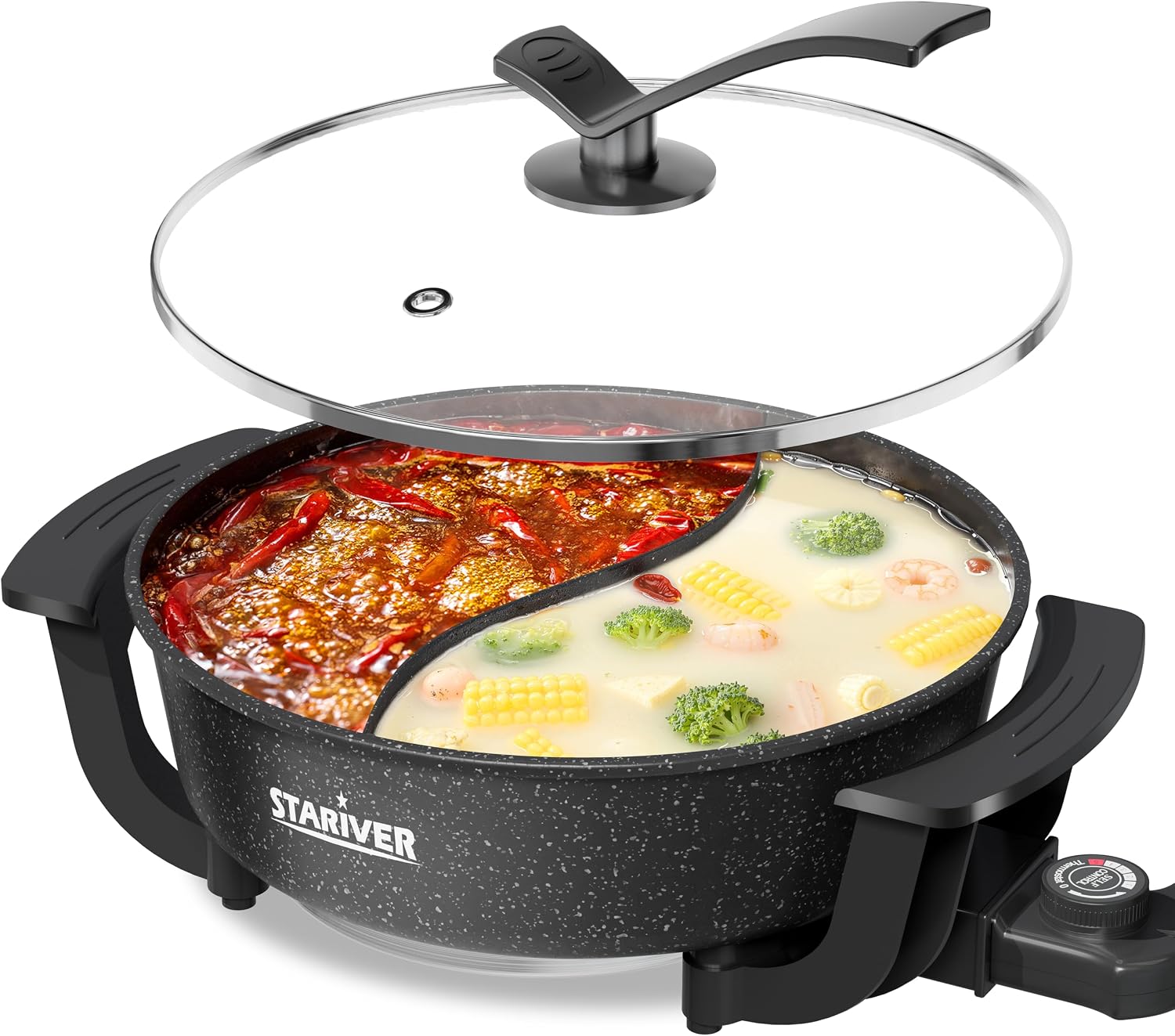 Stariver 6L Electric Hot Pot with Divider – Dual-Flavor Fondue & Shabu Shabu Pot, 1360W with 5-Temp Control, Non-Stick & BPA-Free, Perfect for Family Dinners & Parties