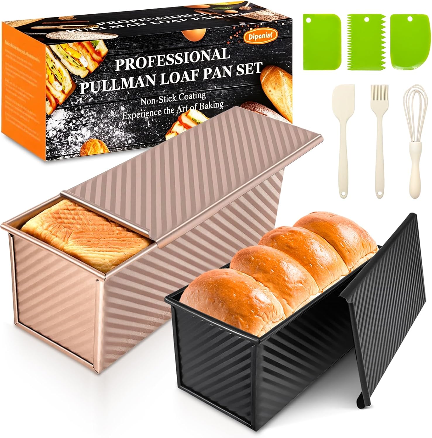 2Pack Pullman Loaf Pans with Lids – 2.2 LB & 1 LB Dough Capacity, Non-Stick Carbon Steel Bread Pans for Homemade Sandwich and Sourdough Bread, Corrugated Toast Mold