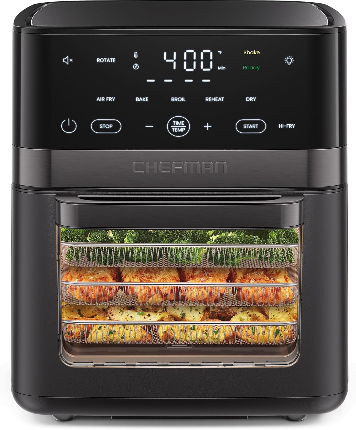 Chefman Air Fryer 6-in-1, XL 14-Quart Multifunctional Airfryer with Touchscreen Controls, Rotisserie, Food Dehydrator, Convection Oven, Bake, Broil, and Reheat Functions, Windowed Door – Black