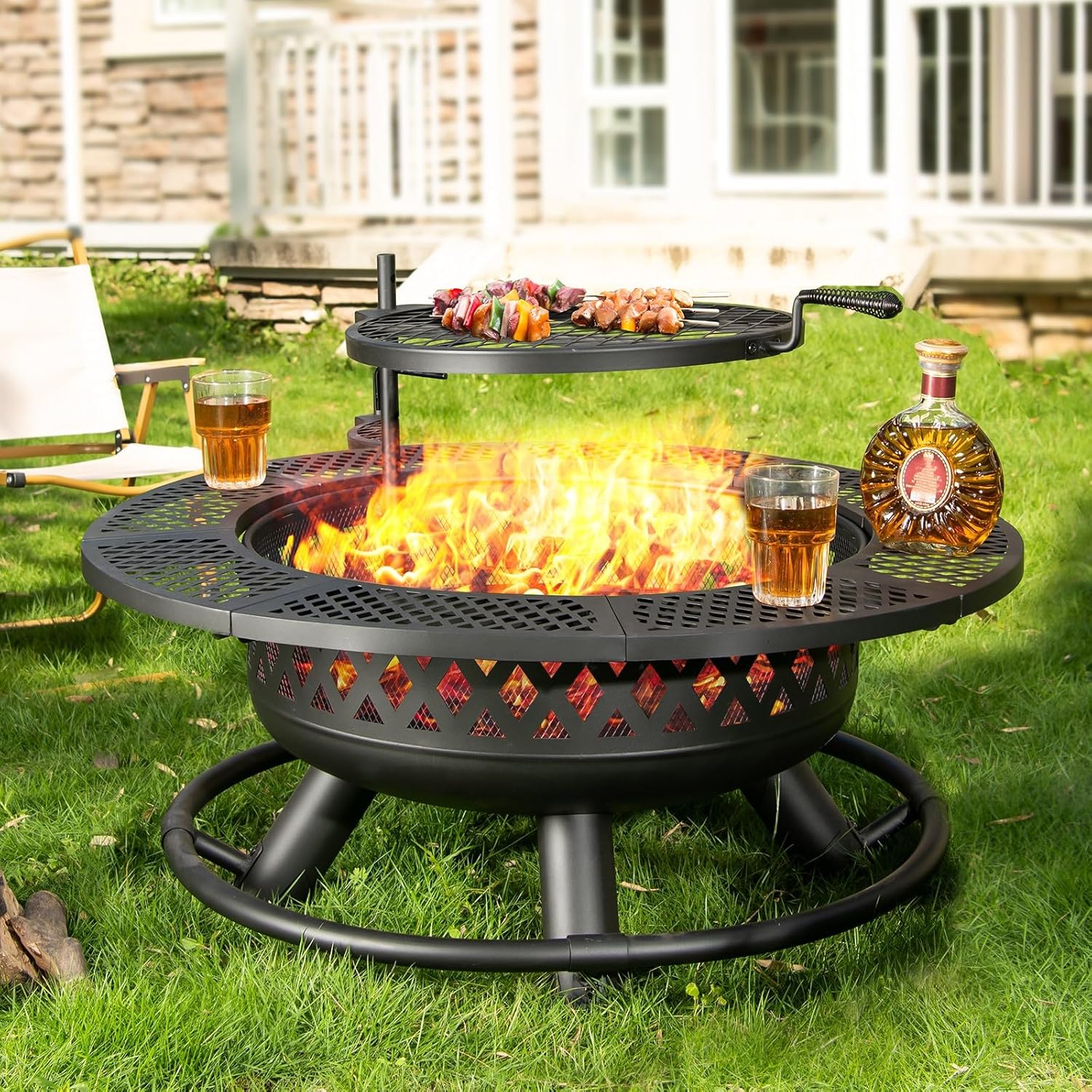 Panovue 36 Inch Fire Pit with Grill,Wood Burning Fire Pits for Outside with Lid& Fire Poker,Round Metal Firepit Table 3 in 1 with Cooking Grate,Outdoor Firepits for Yard Patio Bonfire Camping(Black)