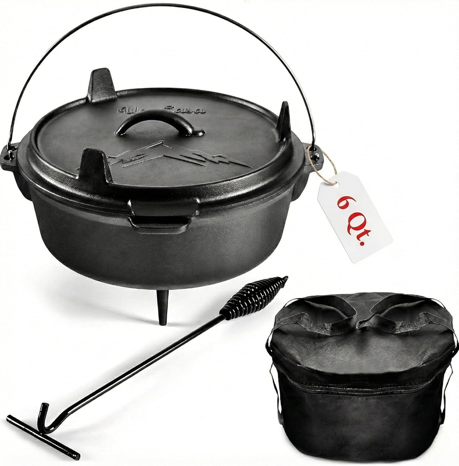 Uno Casa 6Qt Cast Iron Camping Dutch Oven with Lid Lifter and Storage Bag – Pre-Seasoned Outdoor Dutch Oven for Campfire Cooking, Stews, and Baking – Durable Cast Iron Pot for Camping and Hiking