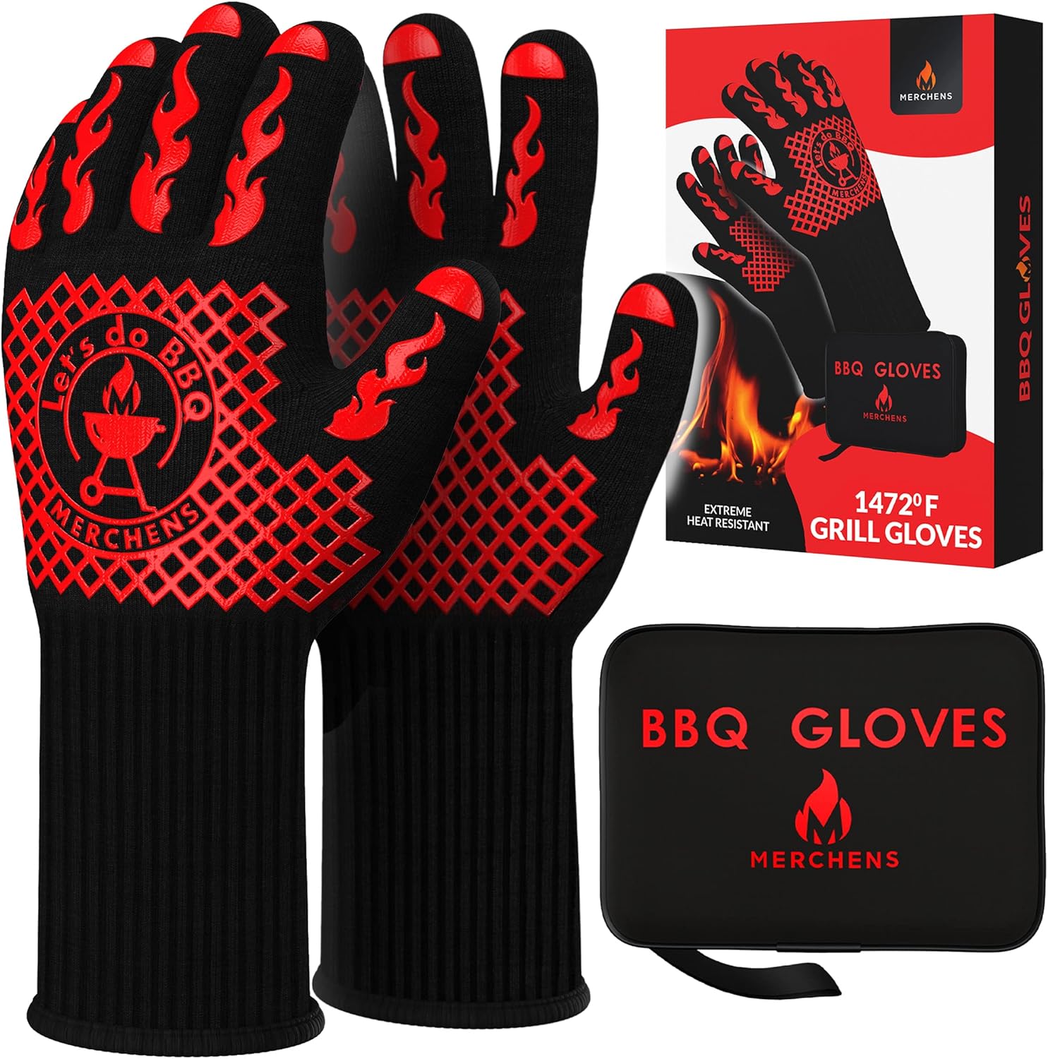 BBQ Grill & Oven Gloves 1472°F Heat Resistant – Fireproof, Non-Slip Silicone Mitts for Grilling, Smoking & Baking – Extra-Long Protection – Includes Storage Case & Luxury Gift Box | Pro Series