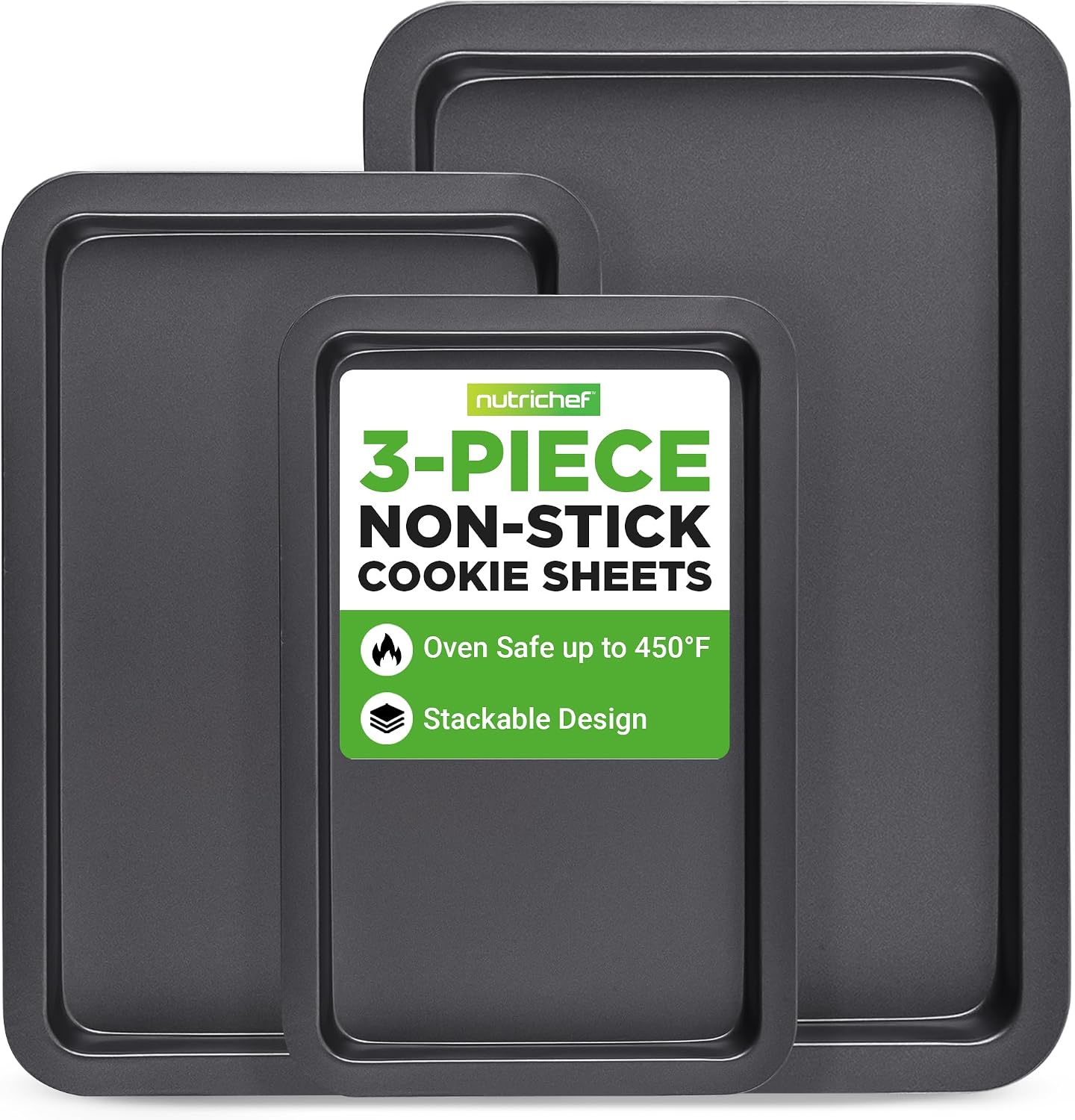 NutriChef 3-Piece Nonstick Baking Sheet Set – Non-Toxic Cookie Sheets for Everyday Baking – Small, Medium & Large Oven Safe Bakeware Trays – Warp-Resistant, Easy to Clean & Dishwasher Safe