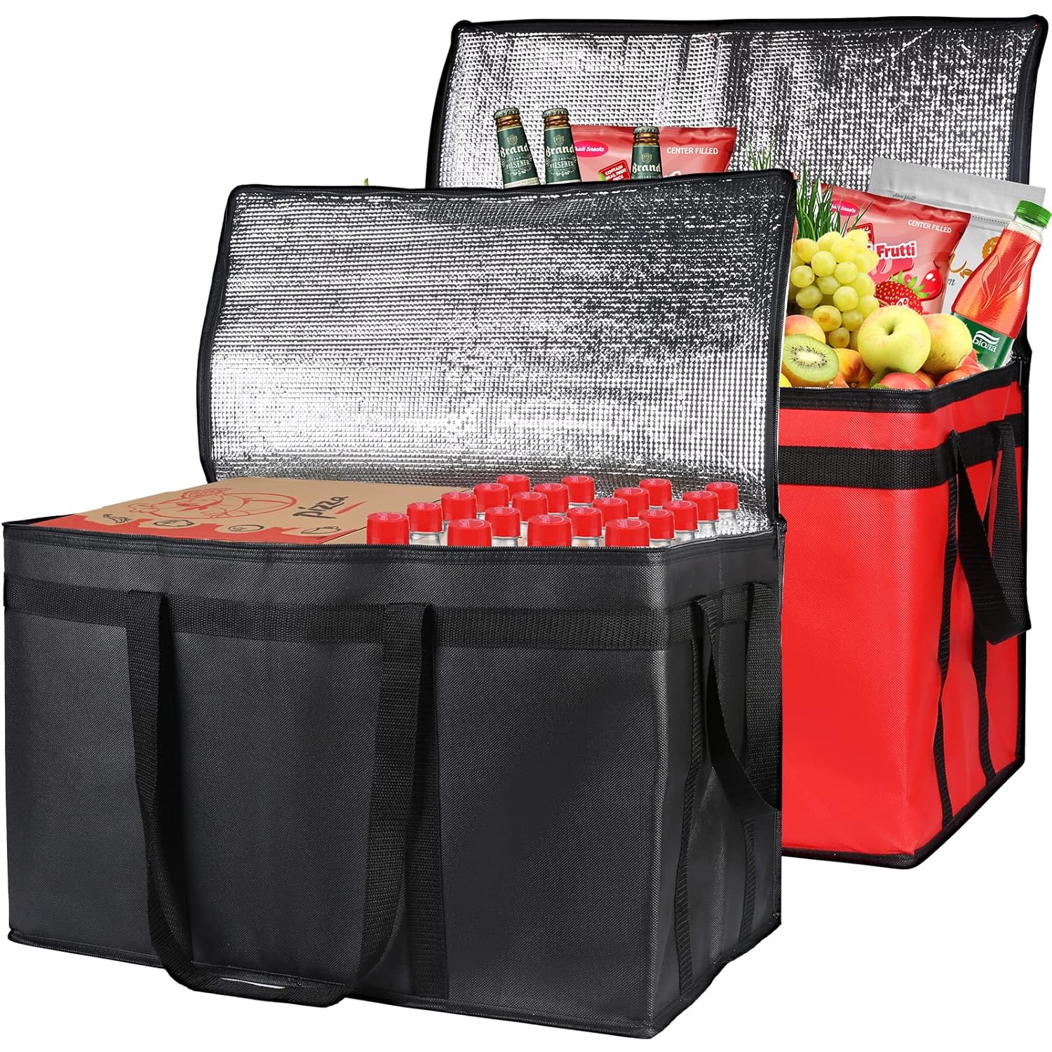Bodaon 2-Pack Insulated Food Delivery Bag, XXX-Large Meal Grocery Tote Insulation Bag for Hot and cold Food, Commercial, Large Capacity Reusable Warming Bag, Heavy Duty Pizza Carrier, Black + Red