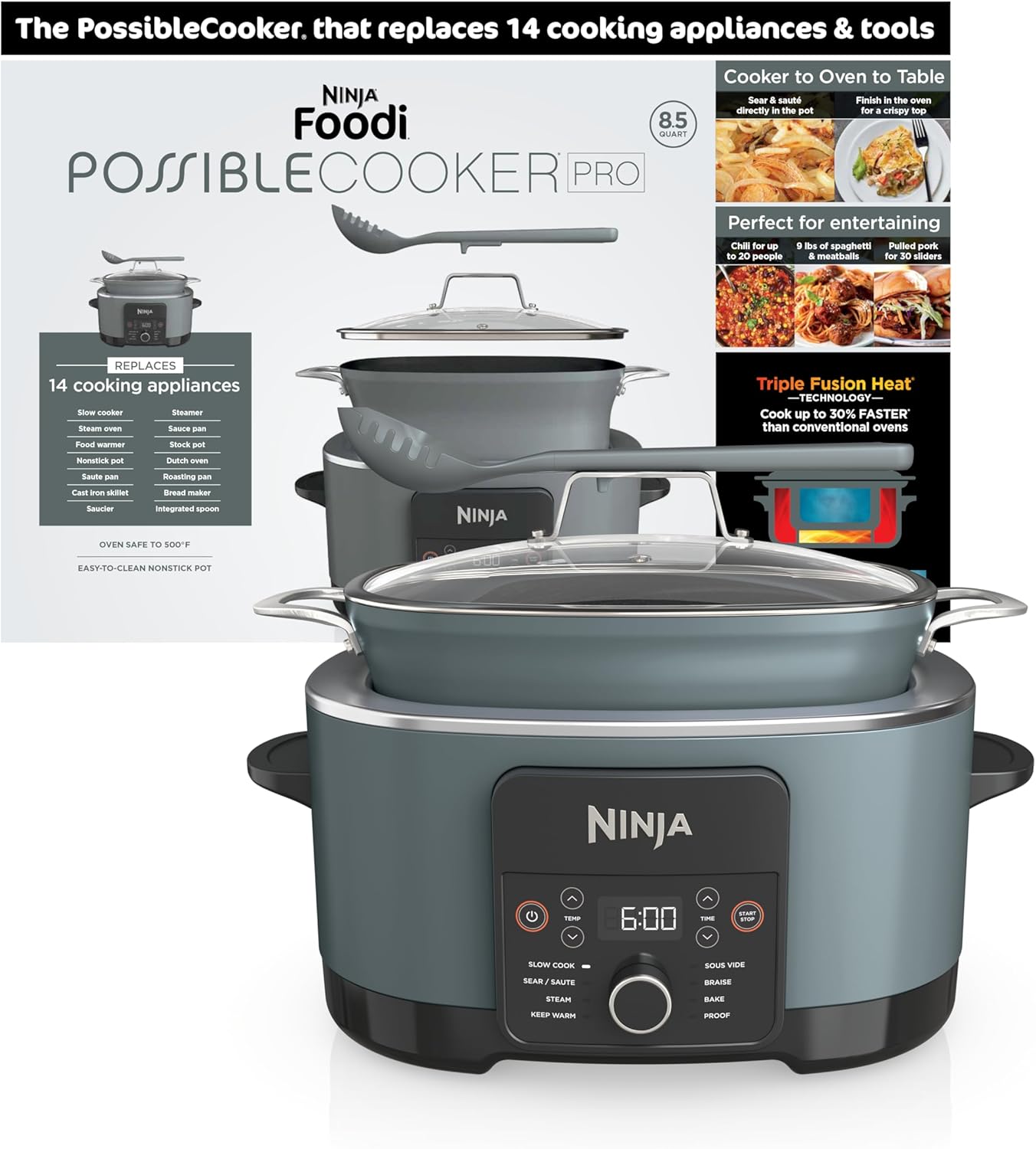 Ninja® 14-in-1 PossibleCooker™ PRO | 8.5qt, Sous Vide, Proof, Bake, & Steam Multicooker | Slow Cooker, Dutch Oven | Glass Lid & Integrated Spoon | Nonstick, Oven Safe Pot 500°F | Sea Salt Gray |MC1001