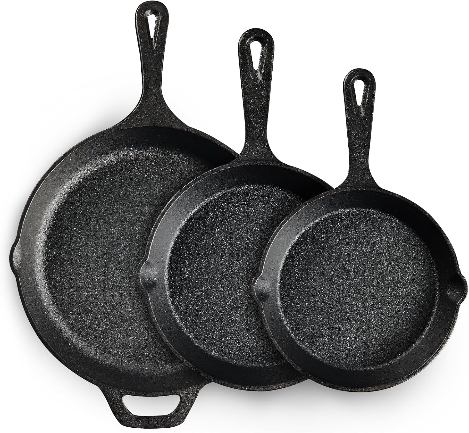 EWFEN Cast Iron Skillet 3-Piece Set, Heavy-Duty Professional Restaurant Chef Quality Pre-Seasoned Pan Cookware Set, 6″, 8″, 10″ Pans For Frying, Saute, Cooking, Use Indoor/Outdoor, Oven, Grill