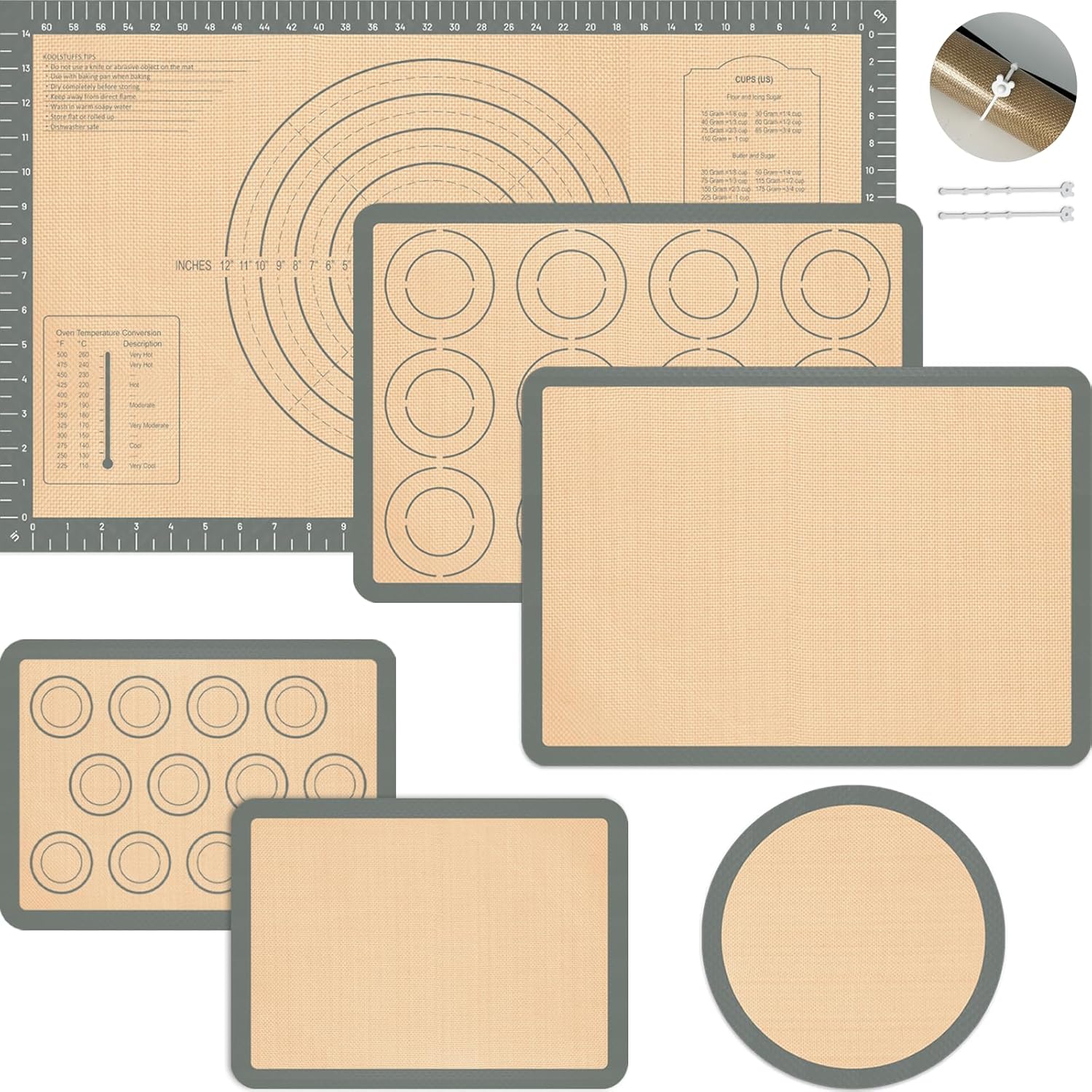 Silicone Baking Mat Set of 6, Nonstick Pastry Mat, Reusable Macaron Silicone Baking Mats & Round Pizza Mat, Cookie Baking Supplies for Macaroons, Pizza