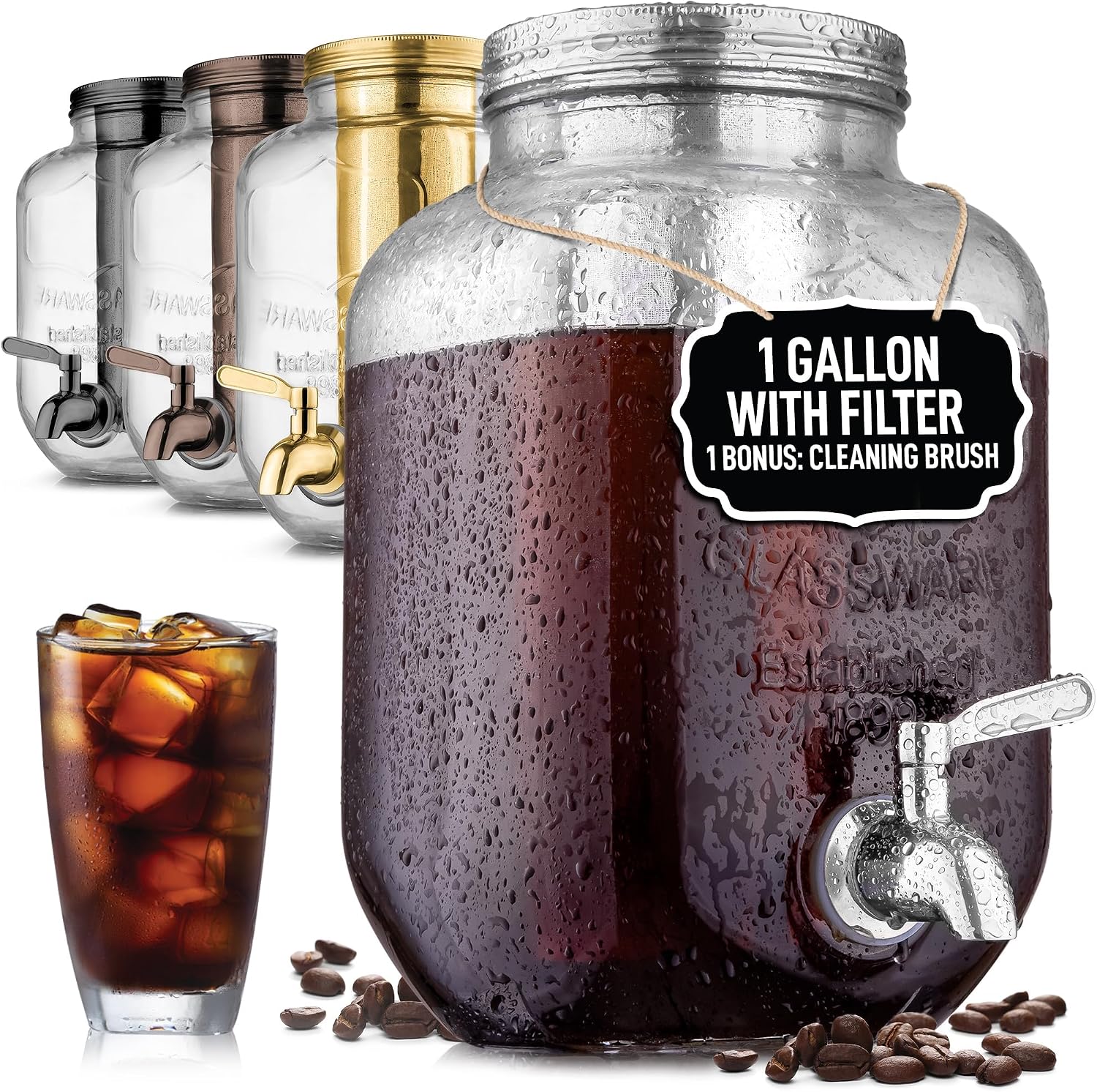 Zulay 1 Gallon/128oz Cold Brew Coffee Maker – Thick Glass Pitcher with Stainless Steel Filter, Lid & Spout – Large Mason Jar Container Dispenser – Iced Coffee & Sun Tea Brewer for Fridge – Silver