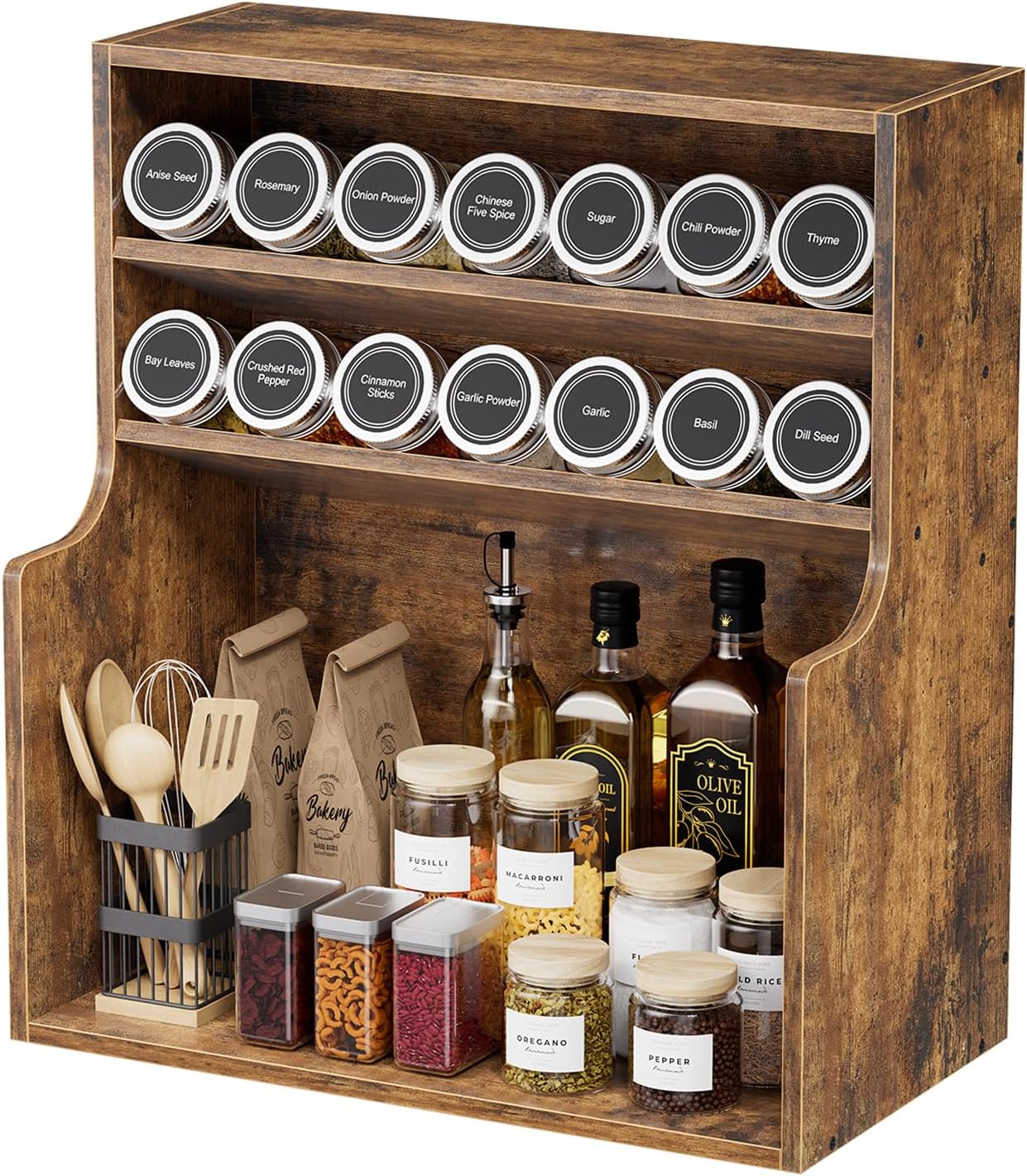 Simple Trending Spice Rack Organizer, 3 Tire Wood Kitchen Counter Shelves, Large Capacity Seasoning Storage Shelf for Countertop, Pantry, Kitchen, 7” W × 14.3” H, Brown
