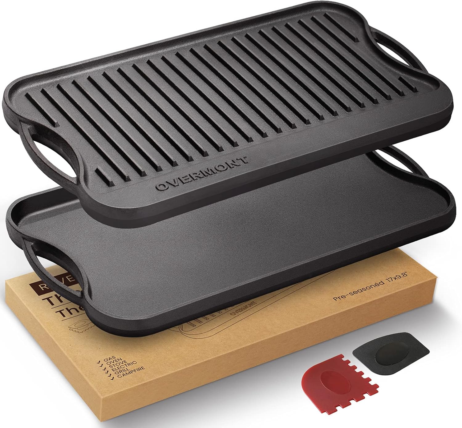 Overmont Reversible Cast Iron Grill Griddle Pan, Pre-Seasoned 17 x 9.8 Inch Dual-Sided Griddle Double Burner Cookware with Handles for Gas Grill, Stovetop, Oven, Campfire, Scrapers Included
