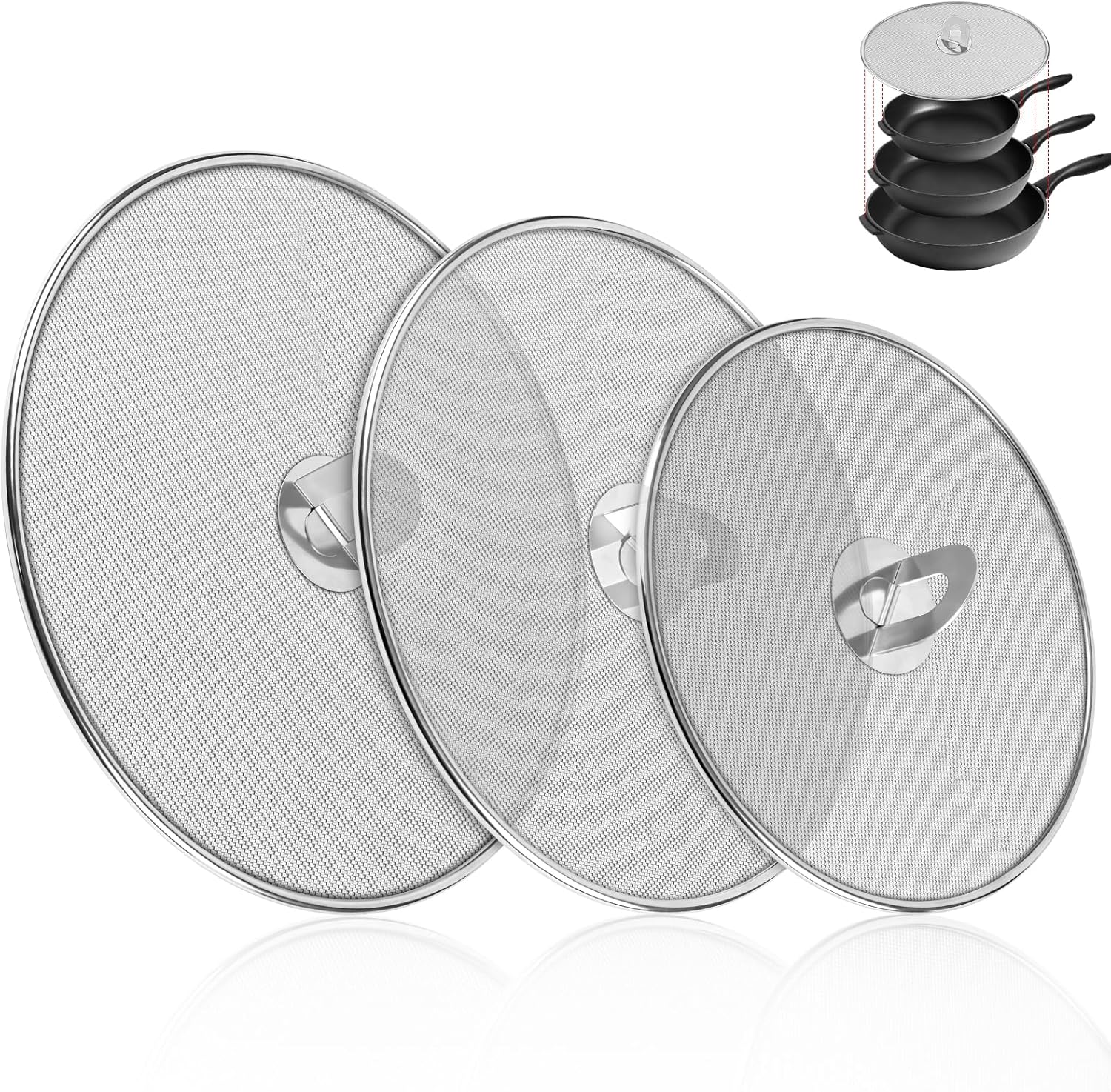 3-Pack Splatter Screens for Frying Pan – 10″, 11.5″, 13″ Stainless Steel Grease Splatter Guard with Foldable Knob, Ultra-Fine Mesh, Rust-Free – No Oil Mess, No Burns, Ultra Fine Mesh