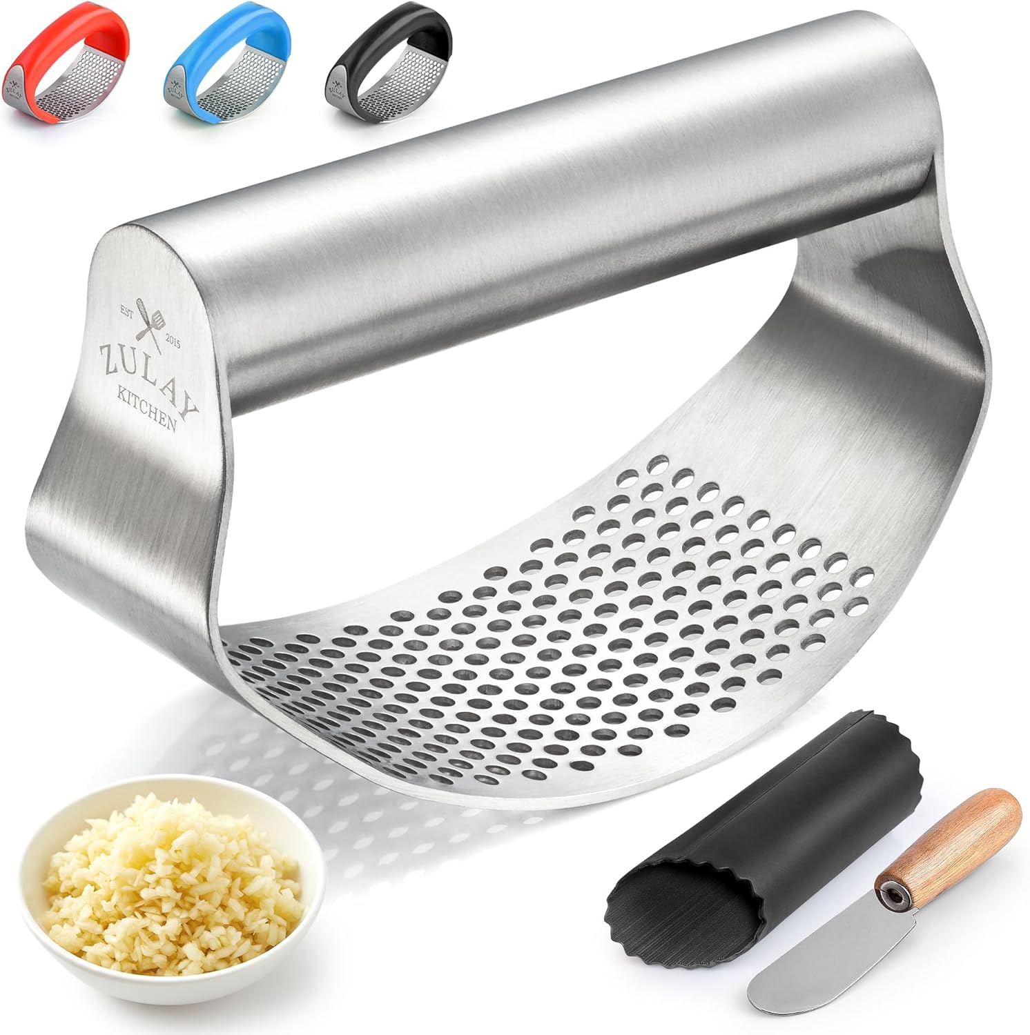 Zulay Kitchen Stainless Steel Garlic Press Rocker Set – Time Saving, Durable Strong Garlic Mincer Tool – Easy to Use & Clean Garlic Crusher Set with Peeler and Scraper Kitchen Gadget Smasher