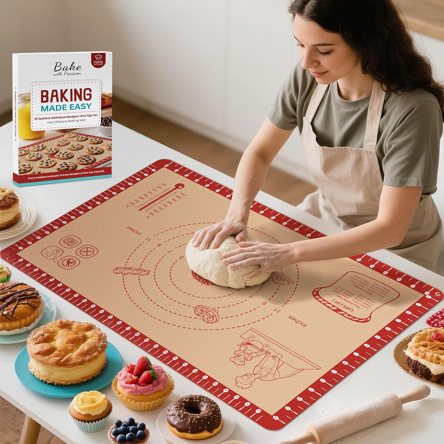Silicone Baking Mat with 10 Recipes, Extra Thick Silicone Mats for Baking, Non Stick Pastry Mat for Rolling Dough, Silicone Macaron Baking Mat for Cookie,Bread,Pizza,Fondant Mat, Oven&Dishwasher Safe