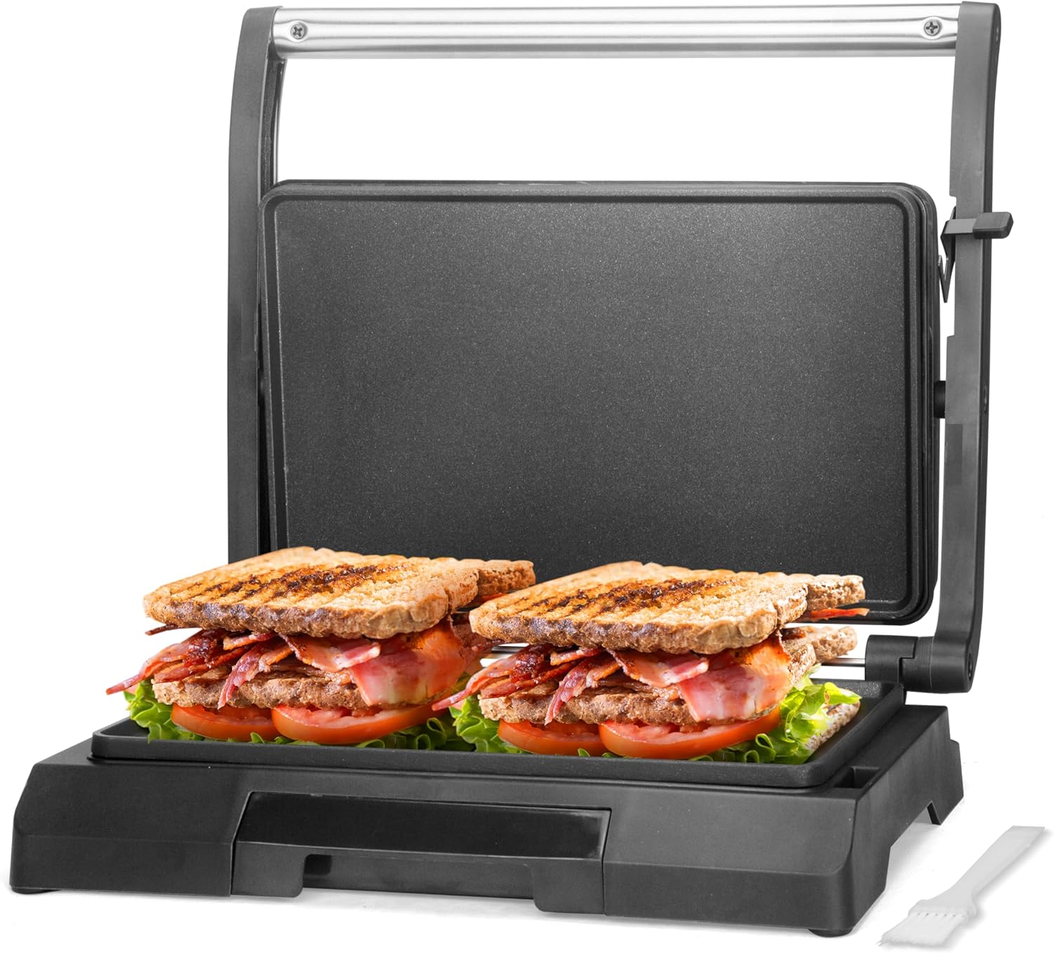 Baker’s Friend Mini Panini Press Electric Griddle, 2 Slices of Panini Grill Press Sandwich Maker Press, Sandwichera Electrical for Pancakes & Eggs, Oil Tray, Non Stick Surfaces, Stainless Steel