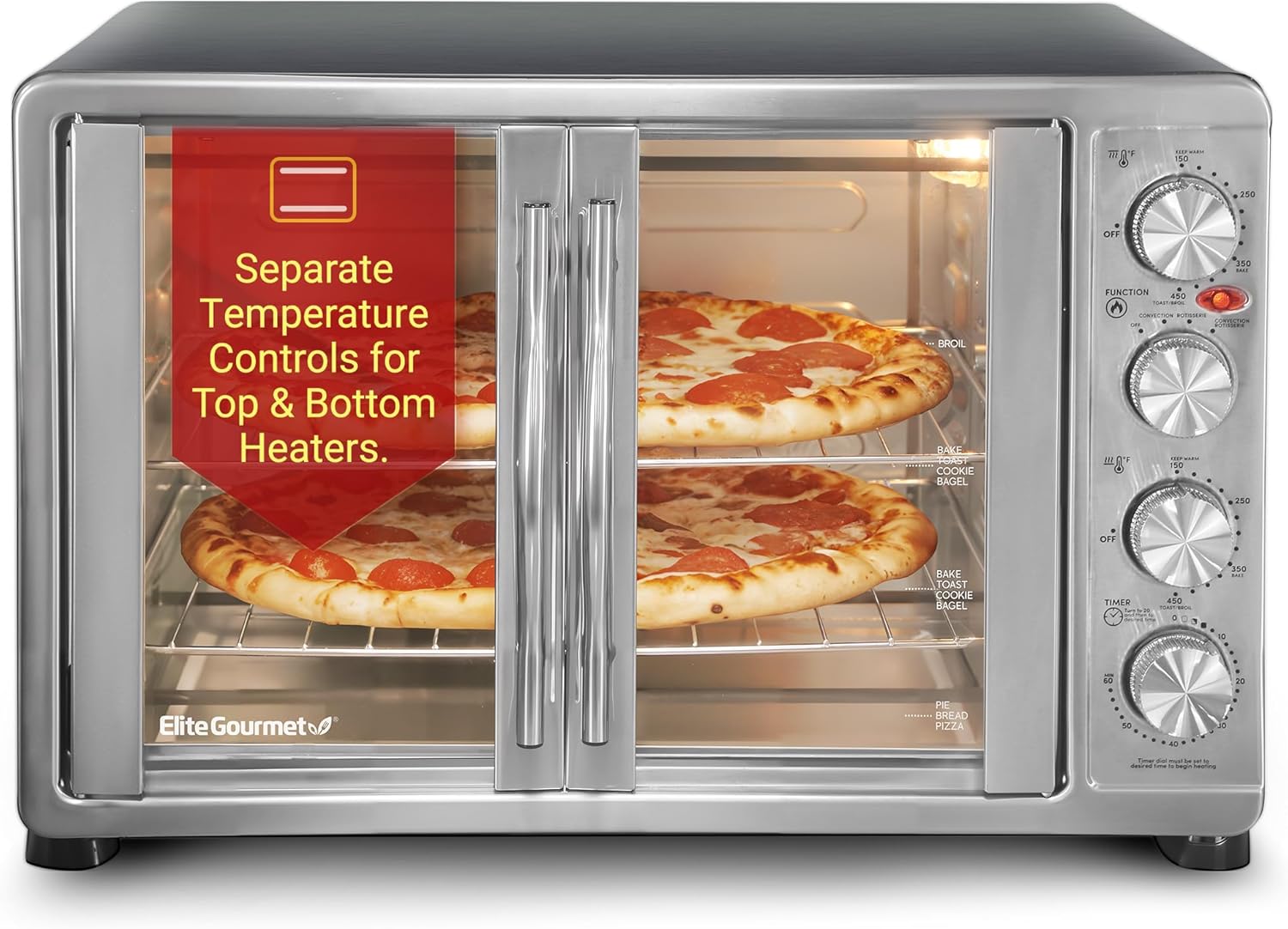 Elite Gourmet ETO4510B# French Door 47.5Qt, 18-Slice Convection Oven 4-Control Knobs, Bake Broil Toast Rotisserie Keep Warm, Includes 2 x 12″ Pizza Racks, Stainless Steel