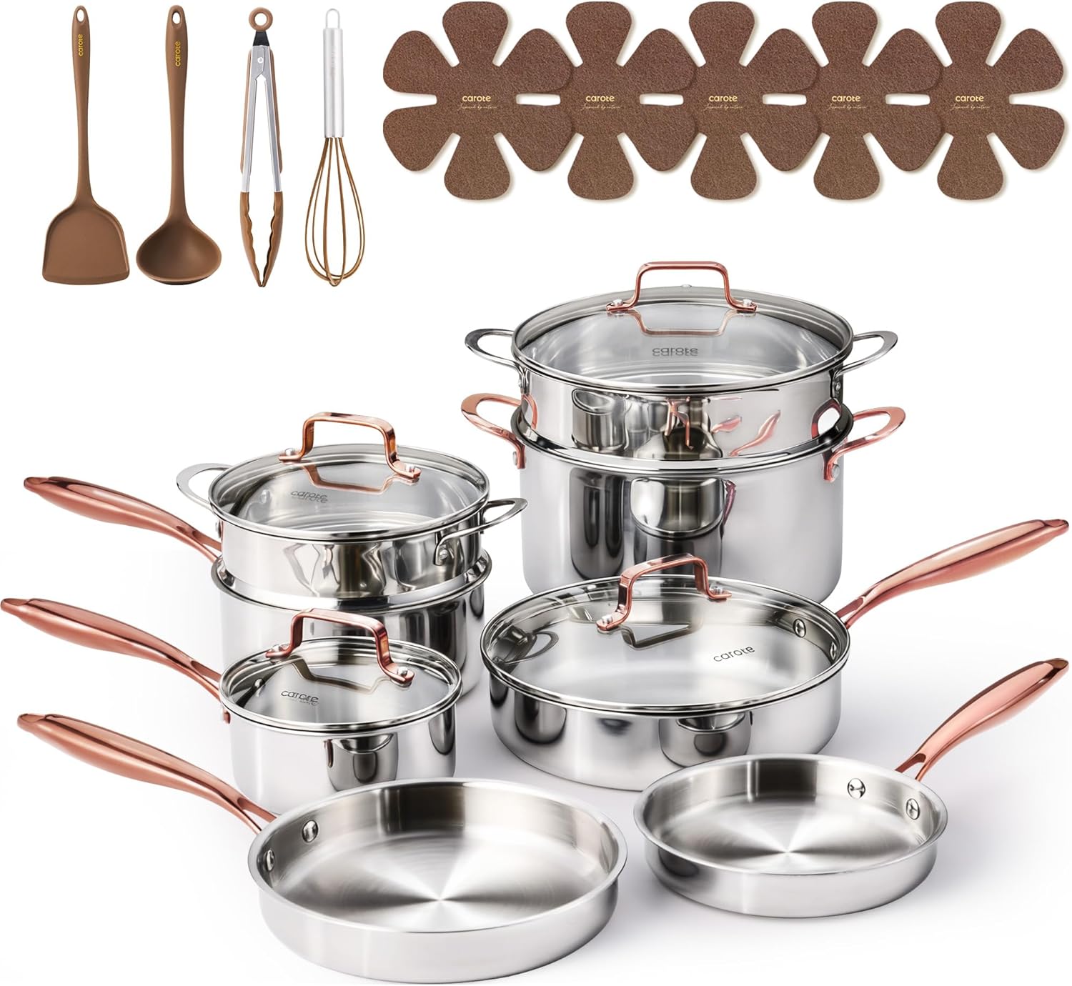 CAROTE 21pcs Tri-Ply Stainless Steel Cookware Set, Pots and Pans Set, Non Toxic Induction Kitchen Cooking Sets, Cookware Collection, Mirror Polish, Gold