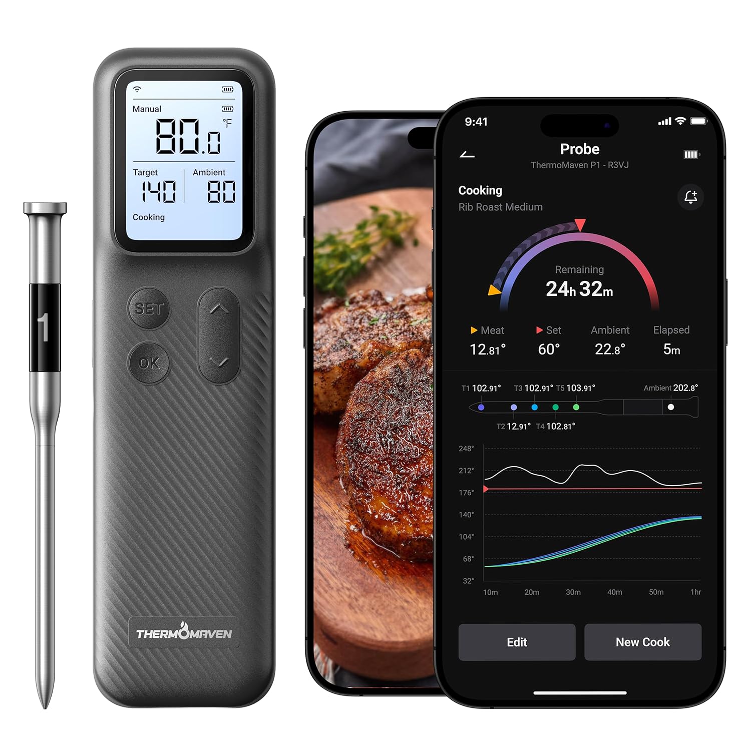 ThermoMaven Smart Bleutooth Wireless Meat Thermometer, Standalone Base, WiFi Unlimited Range, NIST Certified Accuracy, Smart App Alerts for Grill, Oven, Smoker, BBQ, Gray