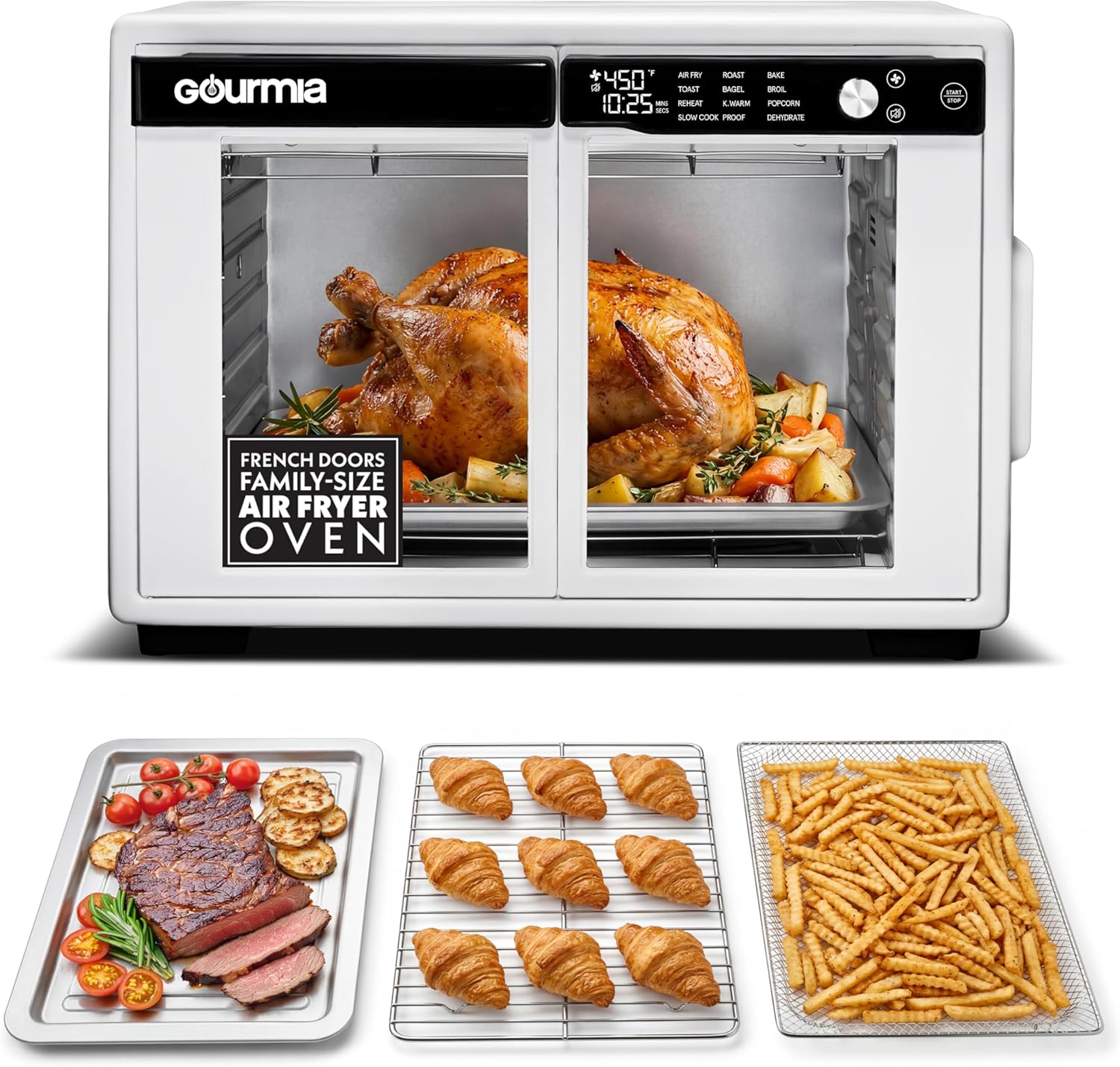 Gourmia French Door Air Fryer Oven – 37 Qt Large Capacity Convection Toaster Oven, FryForce 360°, Digital Display, 12 Cooking Presets, Dehydrate, Fits 13” Pizza, Dishwasher-Safe, White