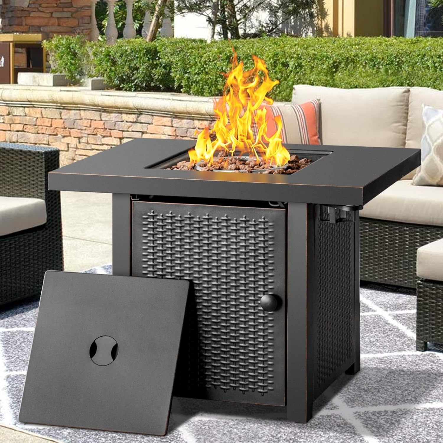 OutVue 32 Inch Propane Fire Pit Table, Outdoor Gas Fire Pits with 2 Drink Holders, Lid & Lava Rock, 50000 BTU Firepit Table for Dinning, Party in Outside, Patio, Garden or Yard