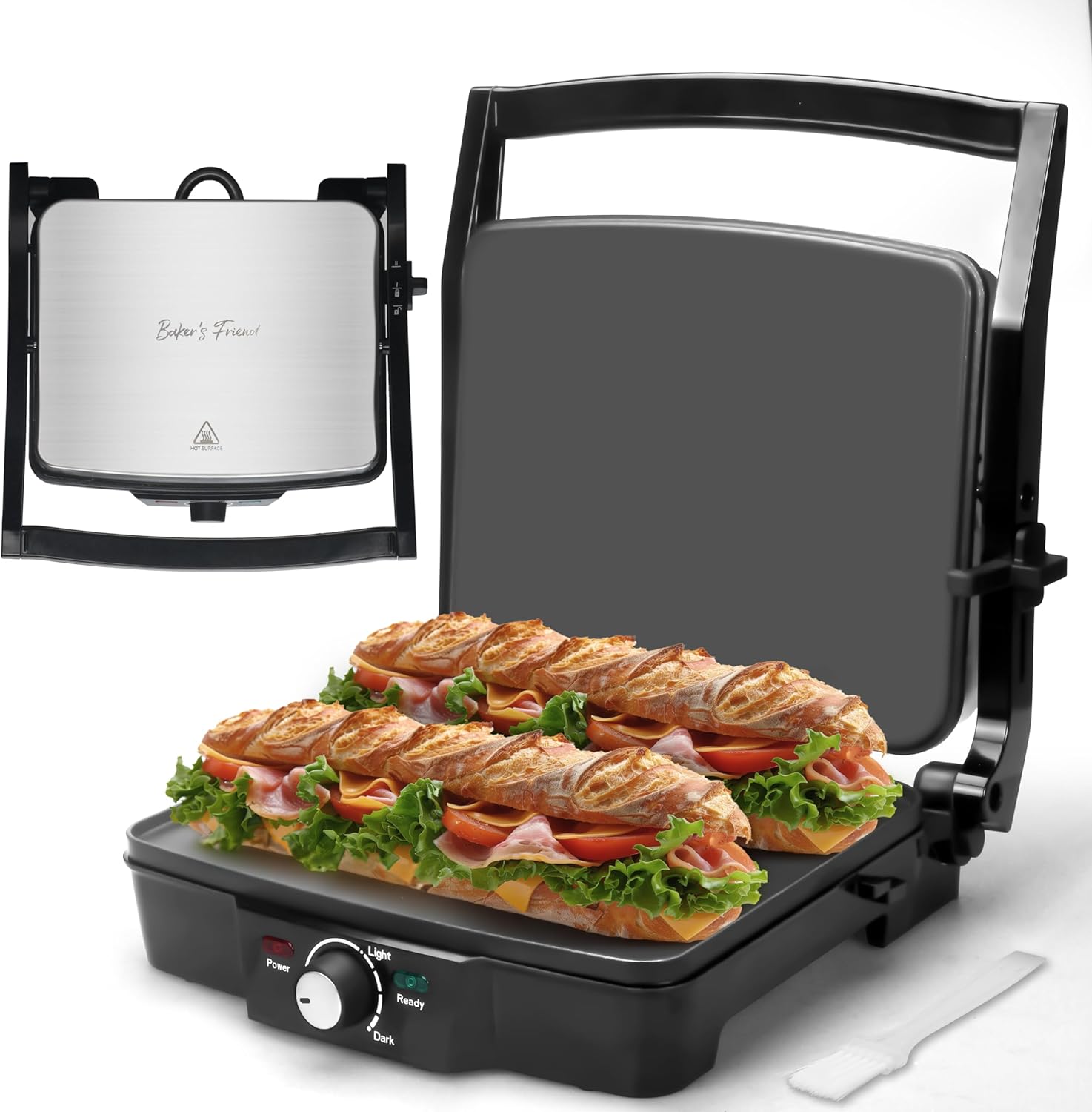 Baker’s Friend Panini Press Electric Griddle, Panini Grill Press Sandwich Maker Press, Grilled Cheese Maker, Sandwichera Electrical, Browning Control, Non Stick Surfaces, 4-Slices, Stainless Steel