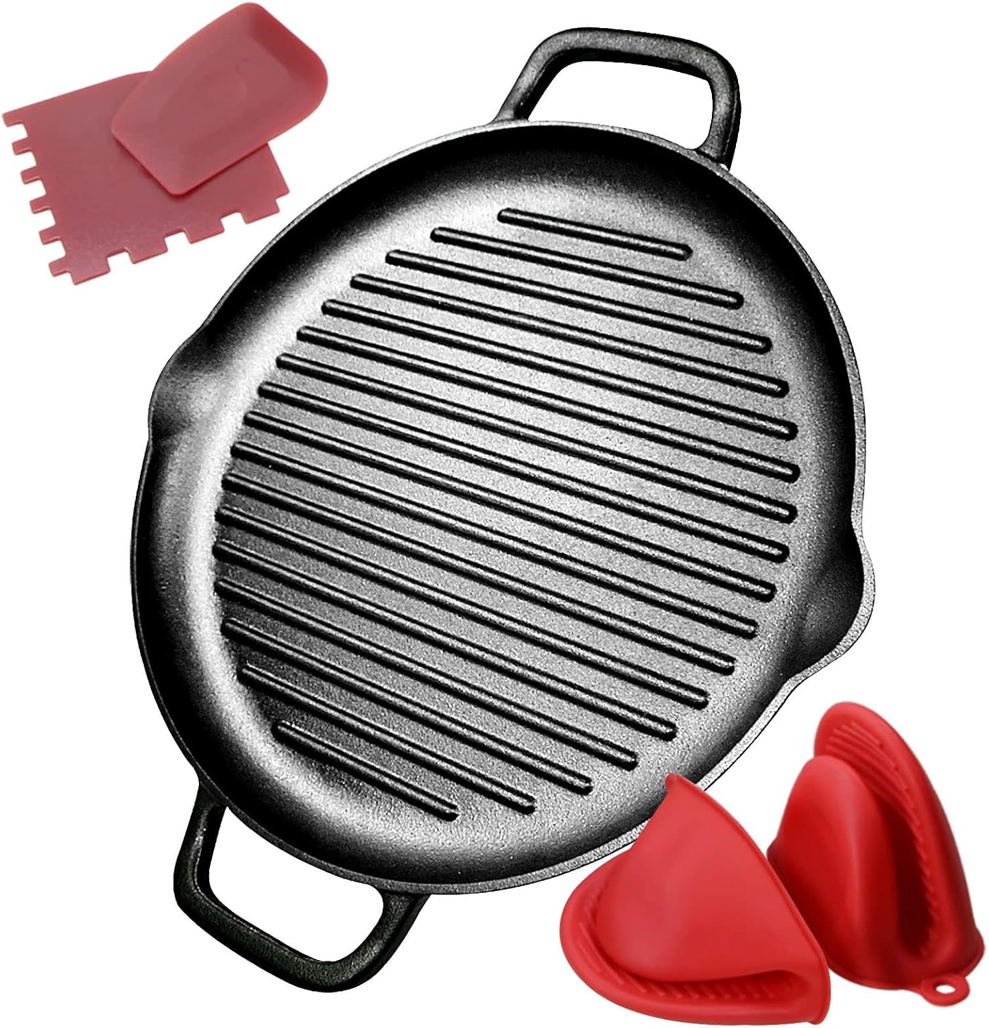Cast Iron Grill Pan, 12.6 inch Griddle Pan with Dual Handles, Pre-Seasoned Heavy-Duty Cast Iron Skillet for Stovetop, Oven, Indoor & Outdoor BBQ Use