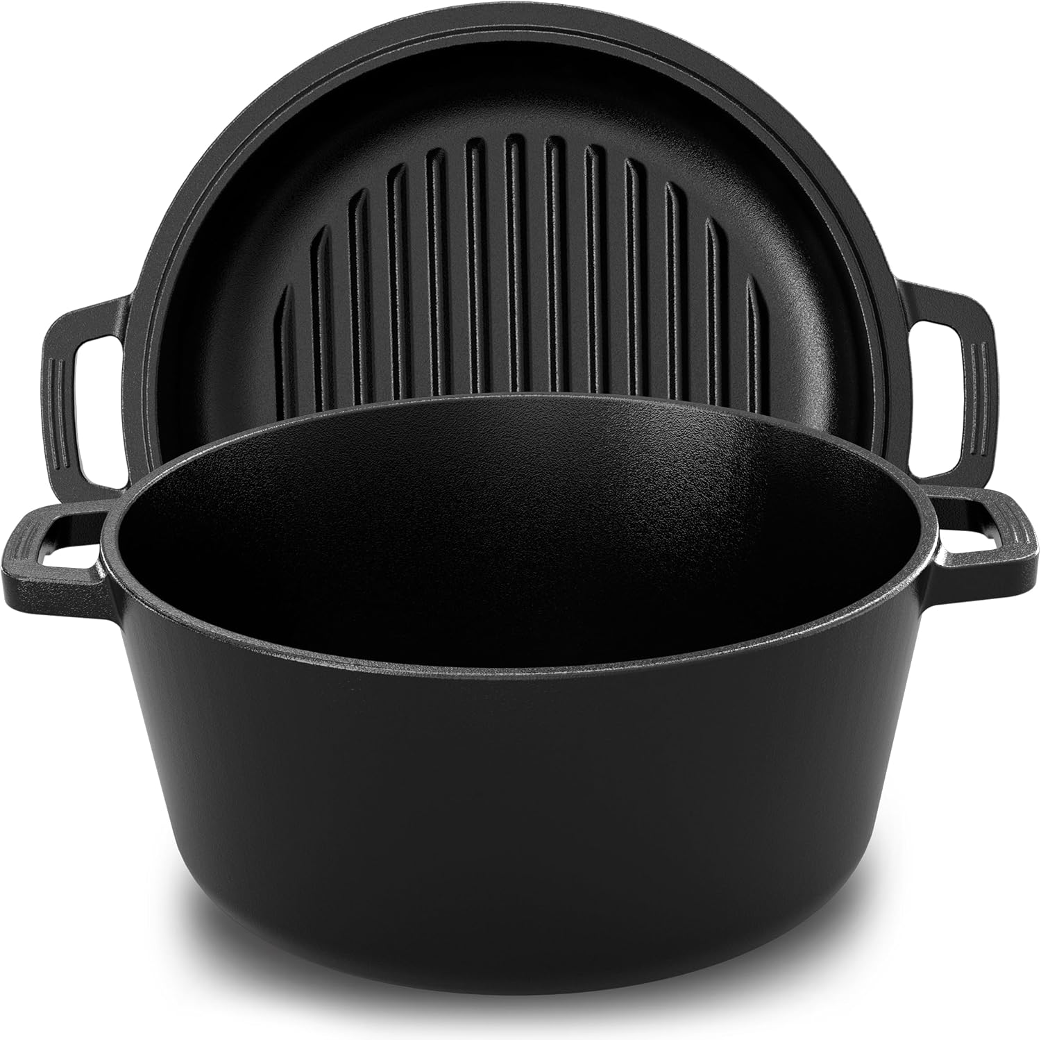 KICHLY Cast Iron Dutch Oven with Dual Purpose Skillet Lid, 5.QT Cast Iron Pot with 10.6 in Griddle Pan, Pre-Seasoned Heavy Duty Pot for Bread Baking, Roasting, Braising & Outdoor Camping Cooking, Black