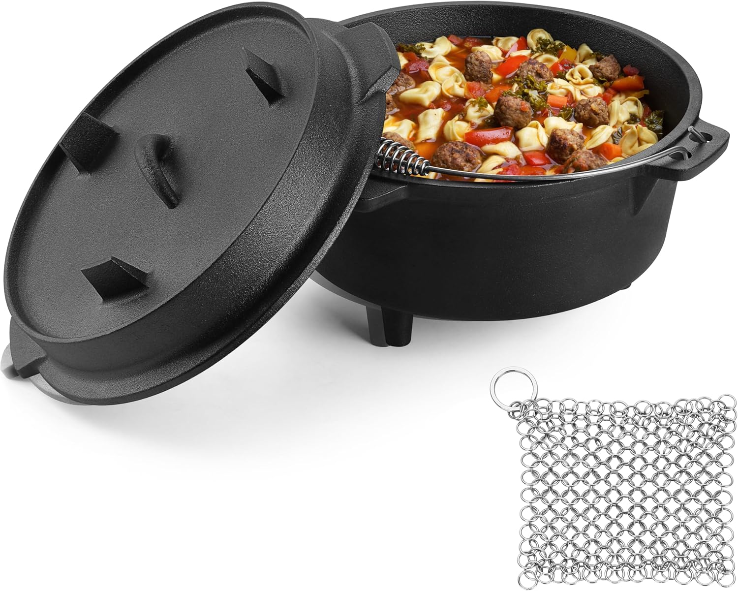 5QT Cast Iron Dutch Oven with Stainless Steel Scrubber, HaSteeL 2-In-1 Pre-seasoned Camping Pot, Heavy Duty Campfire Pot with Feet for Outdoor Stovetop Griddle Cooking Baking Roasting Stewing