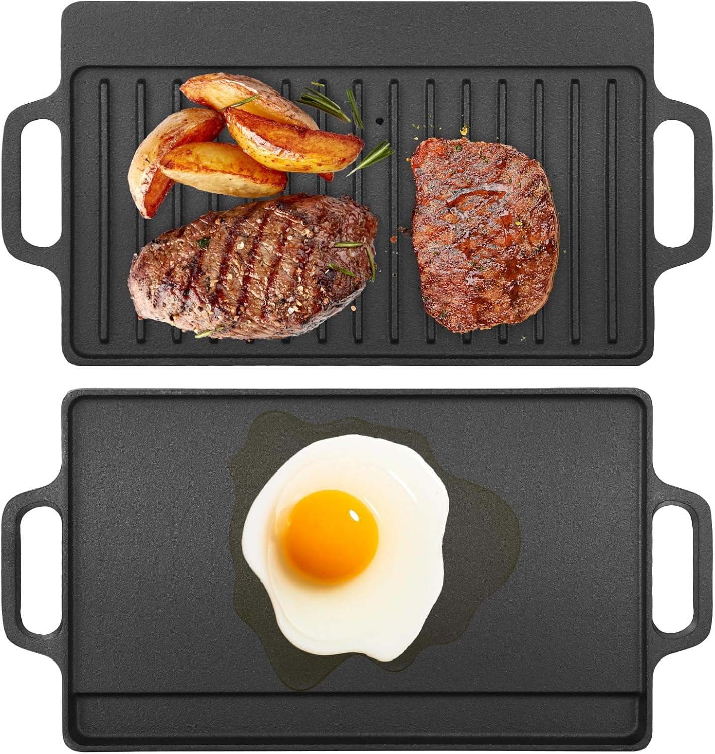 Cast Iron Reversible Grill Griddle, Double Sided Grill and Griddle Pan with Handles, Pre-seasoned Rectangular Flat and Ribbed Cooking Plate for Gas Stovetop, Electric Cooktop