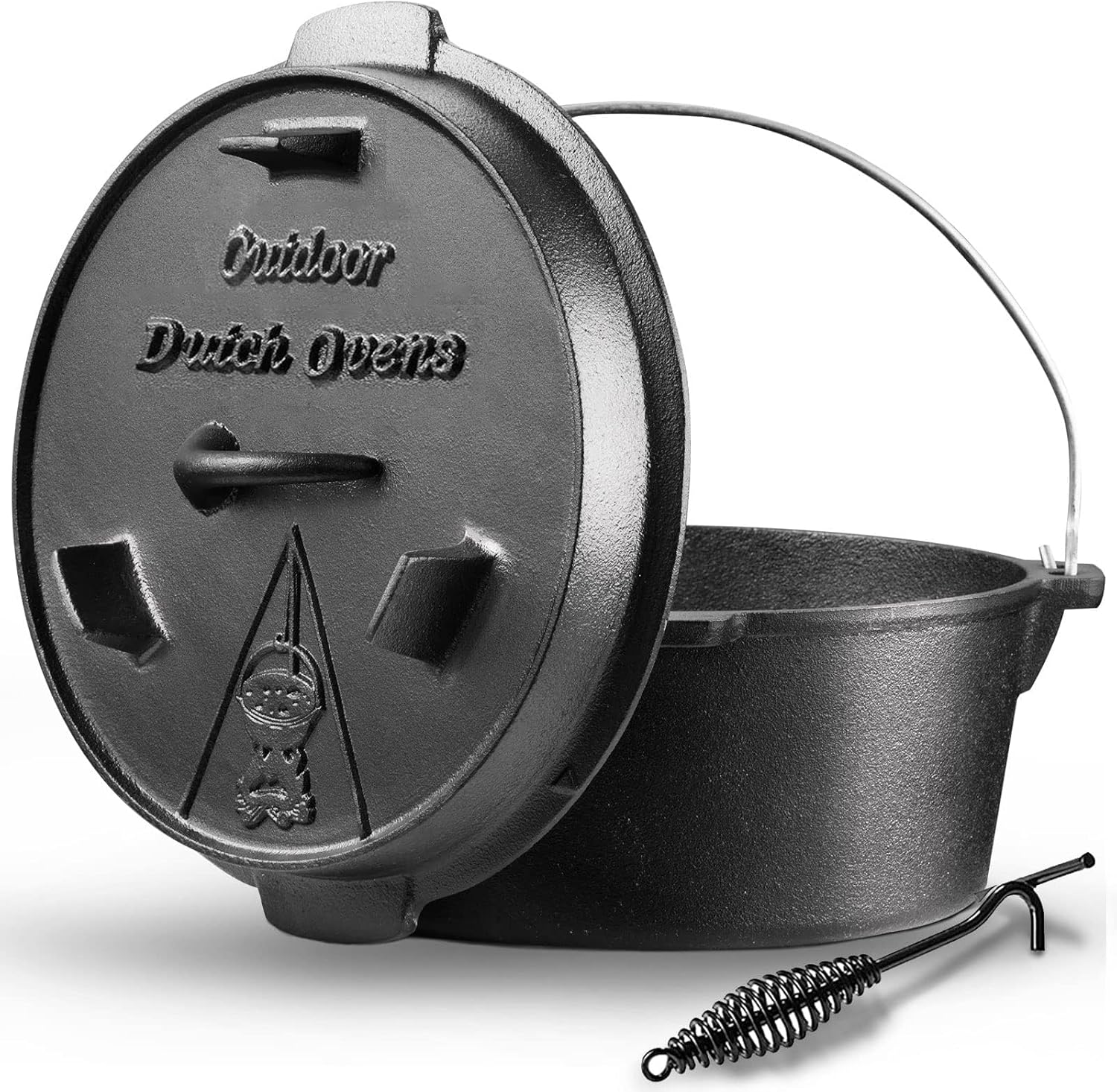 Camping Dutch Oven, 9 Qt Pre-Seasoned Cast Iron Camp Dutch Oven Pot with Lid – Lid Lifter, Cast Iron Dutch Oven with Metal Handle for Cooking BBQ Baking Campfire Modern Black