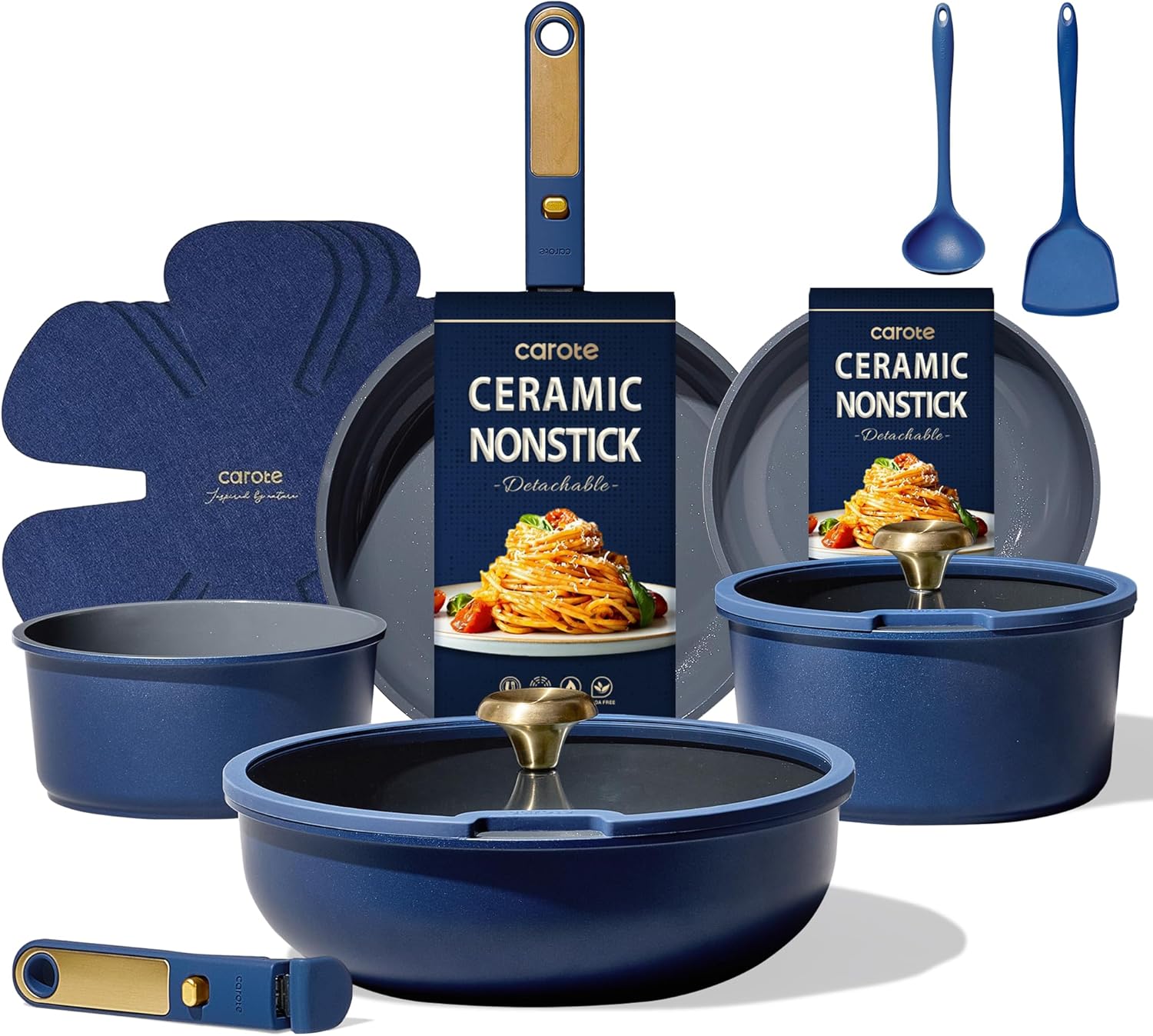CAROTE Blue&Gold Ceramic Cookware Set Non Toxic, PFAS Free,15Pcs Pots and Pans Set Non Stick Detachable/Removable Handle,Kitchen Cooking Set Dishwasher Safe, Nonstick Pot and Pan, Induction Cookware