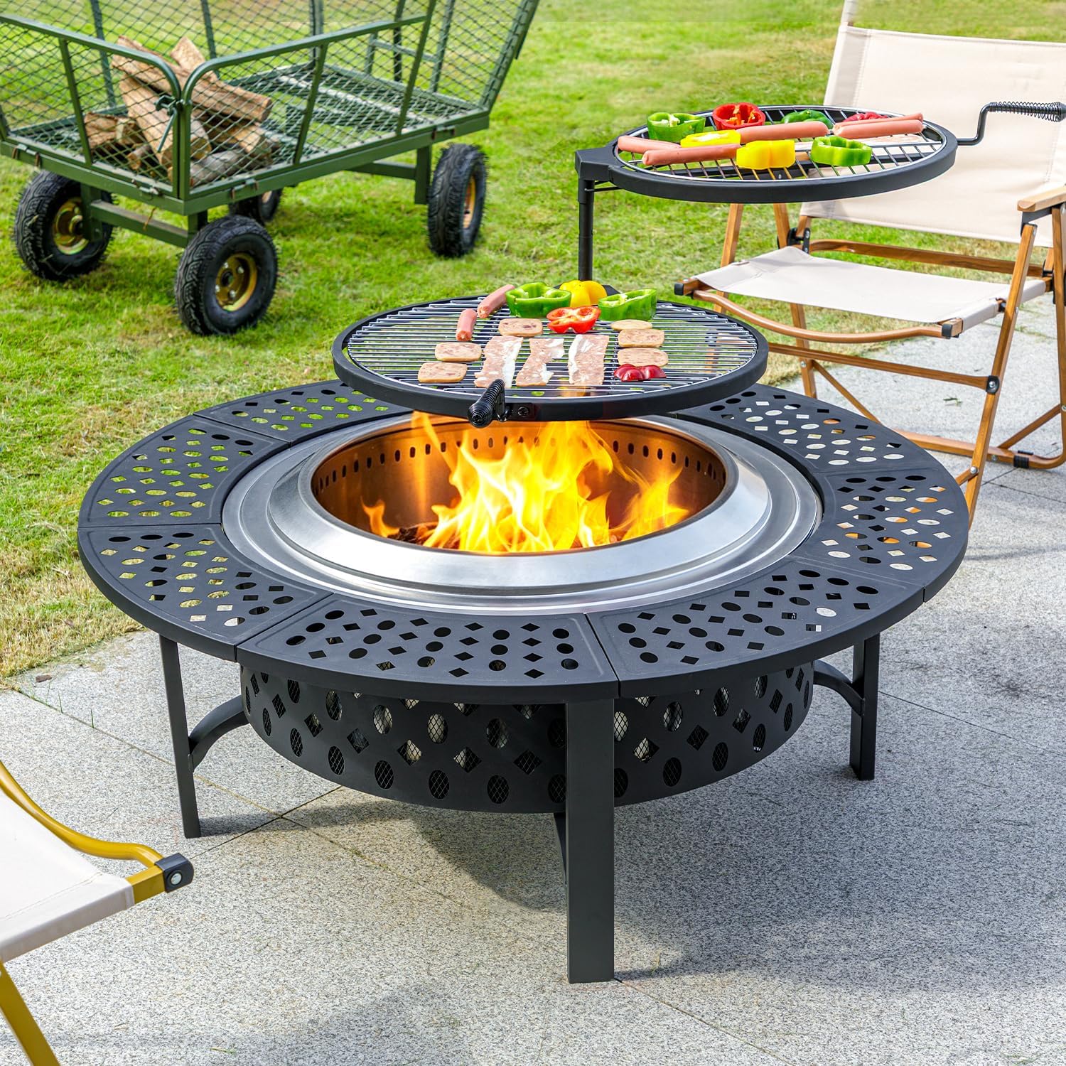 OutVue 47 Inch Smokeless Fire Pit with 2 Grills, Extra Large Wood Burning Fire Pits for Outside with Poker, Heavy Duty Firepit,BBQ& Outdoor Firepit & Round Tabletop 4 in 1 for Patio, Picnic